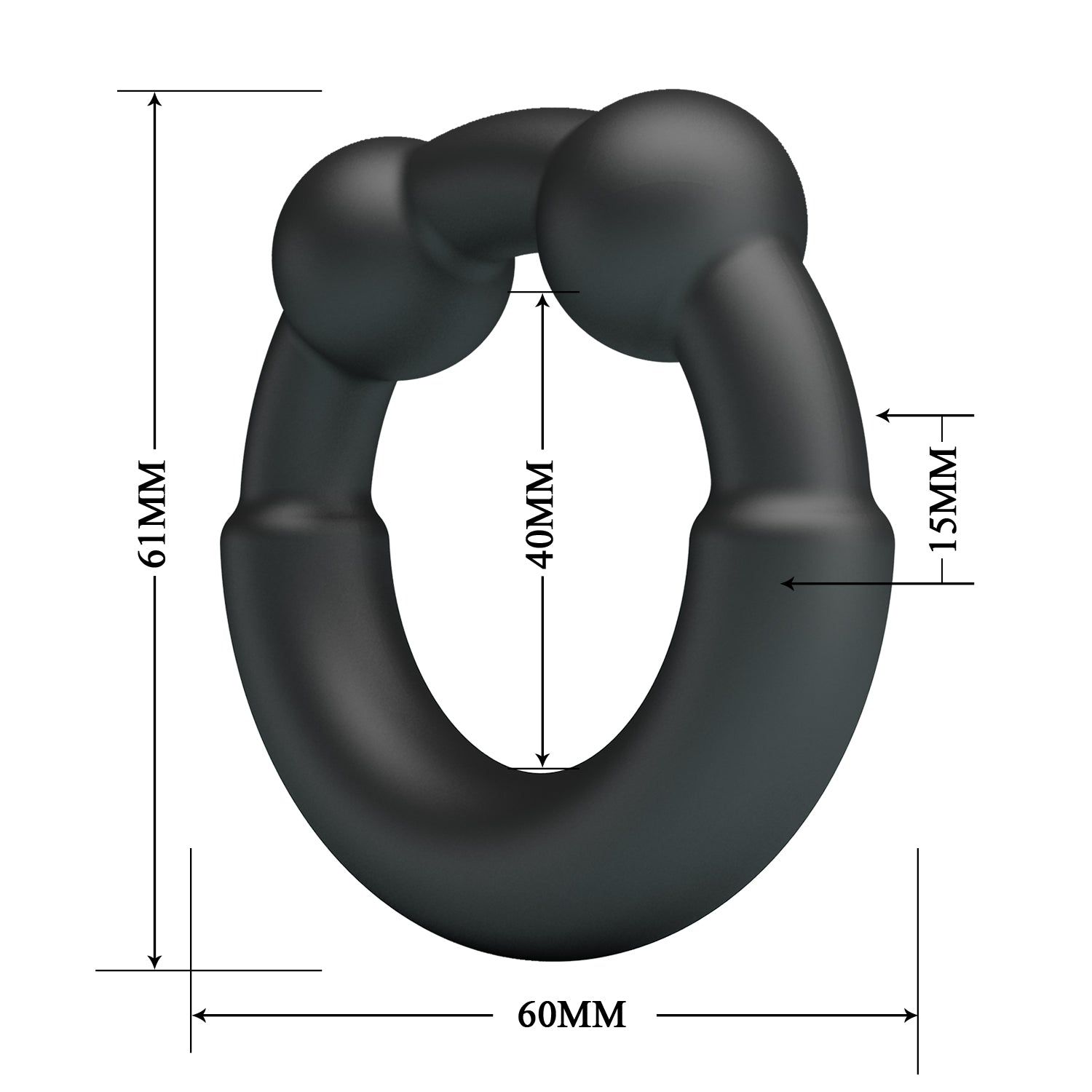 Anello nero con due sfere. Dimensioni: 61mm altezza, 60mm larghezza, 40mm diametro interno, 15mm spessore.