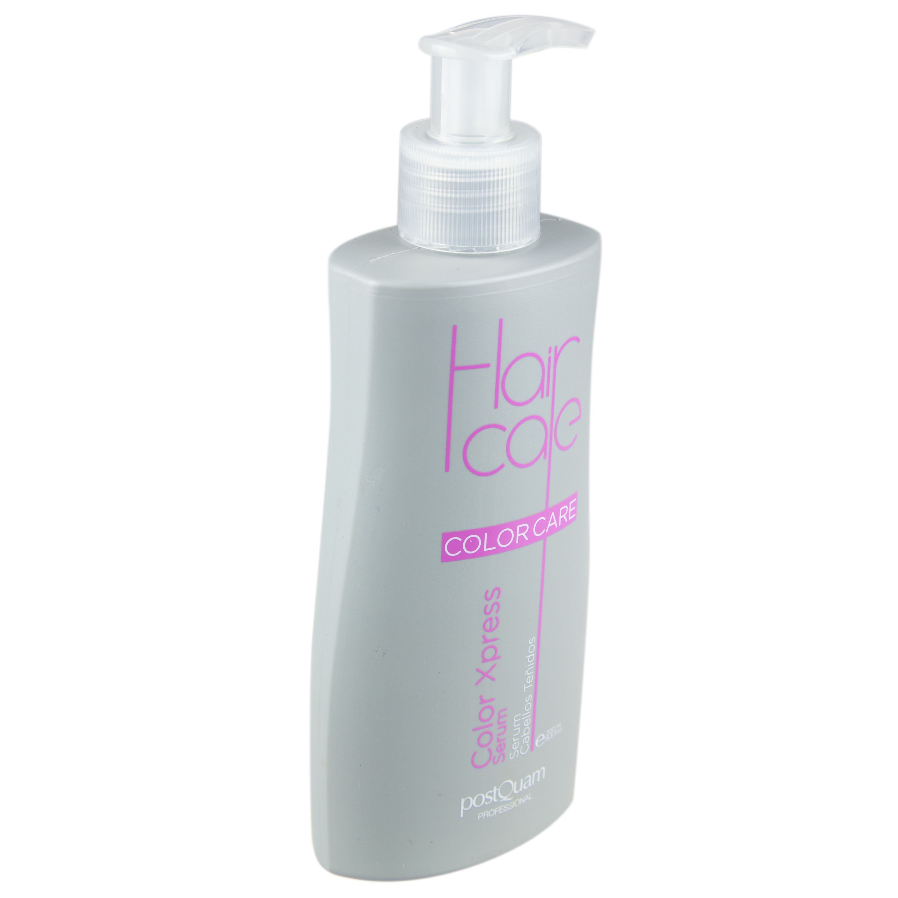 Flacone grigio con pompa, obliquo. Scritta: Hair Care, Color Care, Color Xpress Serum. Marchio: Postquam.