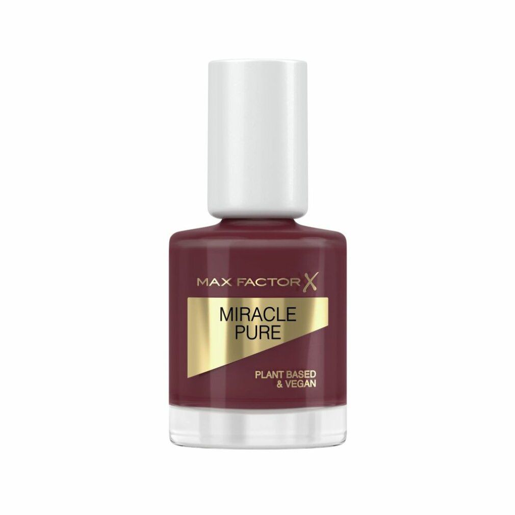 Flacone di smalto Regal Garnet, tappo bianco. Etichetta dorata con "Miracle Pure" e "Plant Based & Vegan".