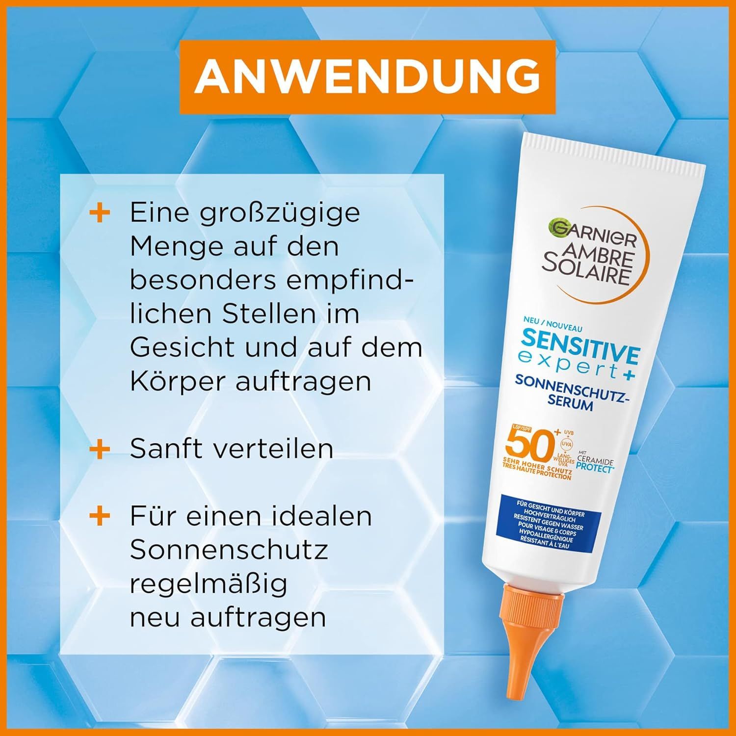 Tubo bianco Garnier Ambre Solaire Sensitive Expert+ LSF50+ Siero. Testo: Applicazione. Applicare su viso e corpo. Riapplicare regolarmente.