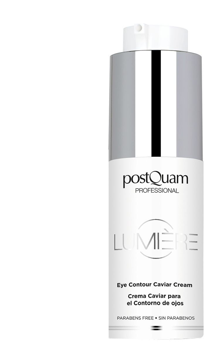 Flacone di crema con tappo argentato. Scritta: PostQuam Professional, Lumière, Eye Contour Caviar Cream. Senza parabeni.