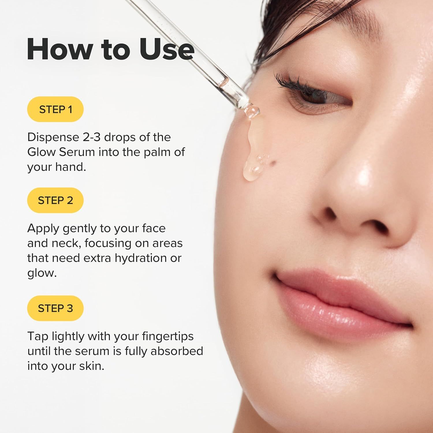 Donna con applicatore di siero. Testo: How to Use. Passaggi: applicare, viso, collo, lasciare assorbire.