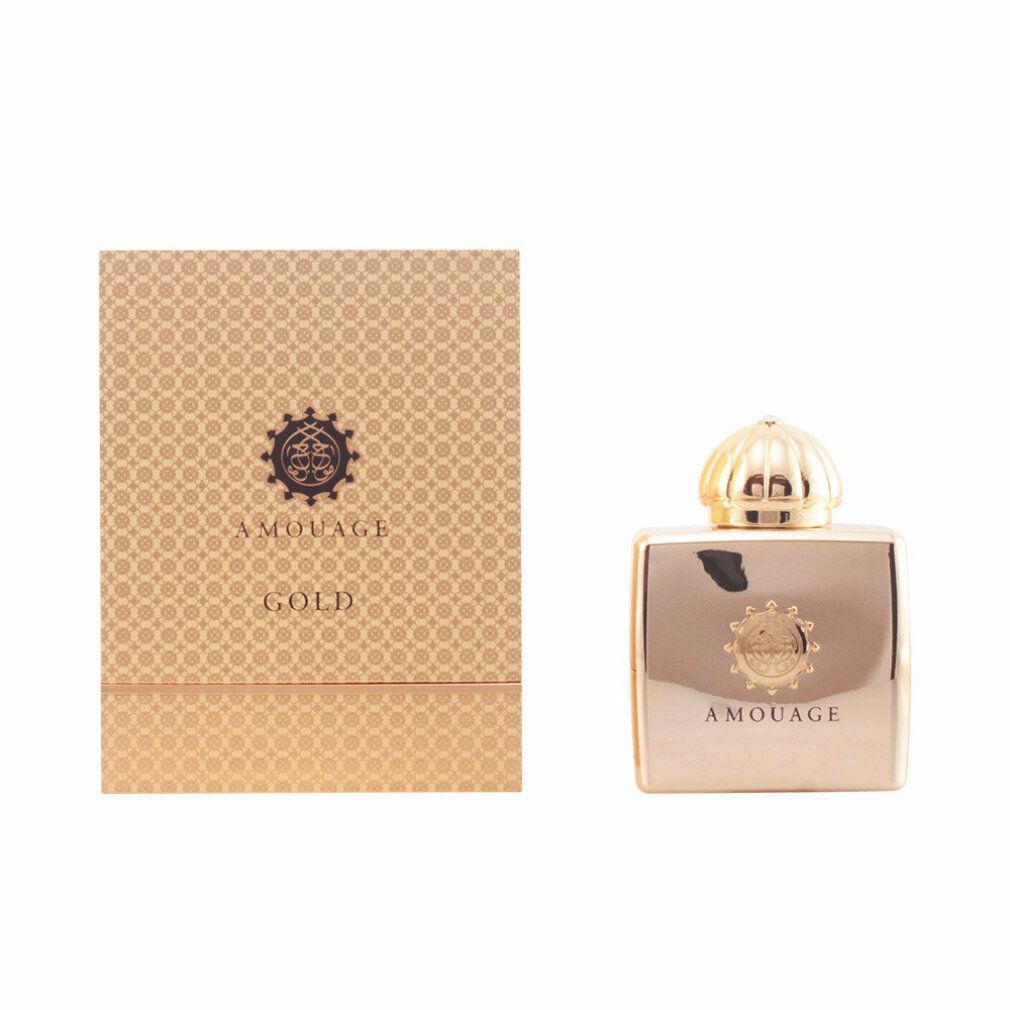 Flacone e confezione dorati. Scritta AMOUAGE GOLD. Emblema del logo sulla confezione.