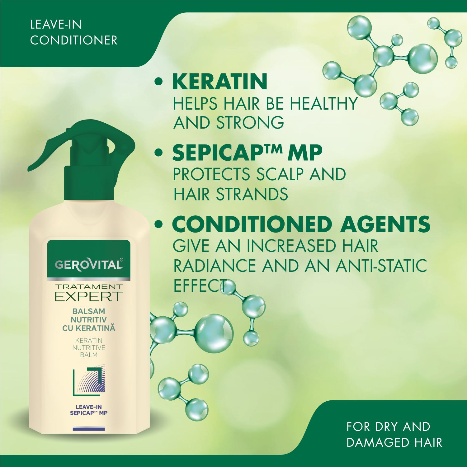 Prodotto con testo: Leave-in conditioner. Vantaggi: Cheratina, Sepicap MP, Agenti condizionanti. Per capelli secchi e danneggiati.