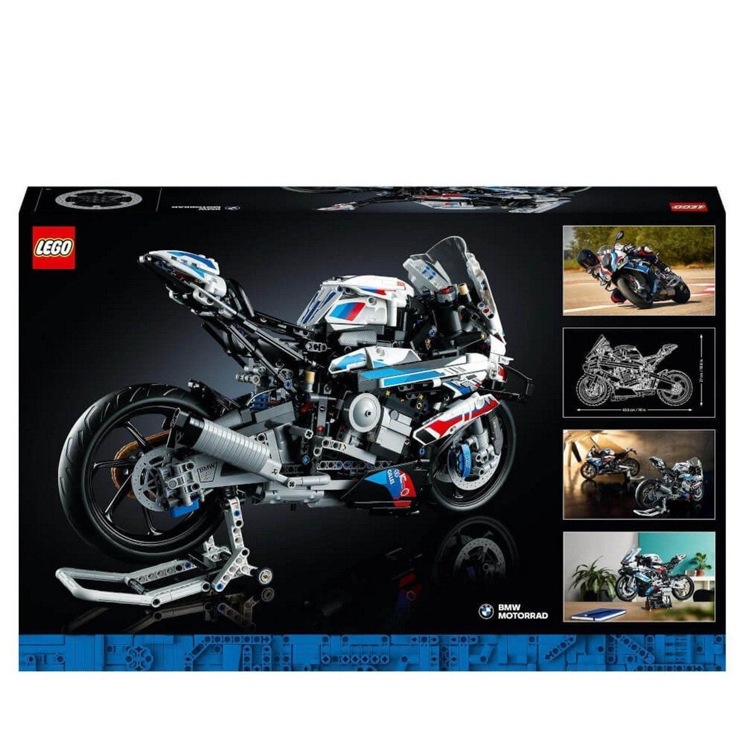 Retro della confezione LEGO Technic con modello moto. Illustrazioni del modello da diverse prospettive.