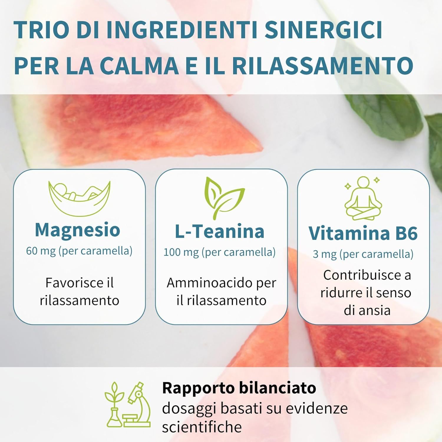 Tre riquadri mostrano Magnesio, L-Teanina e Vitamina B6 con dosaggi e benefici per calma e relax.
