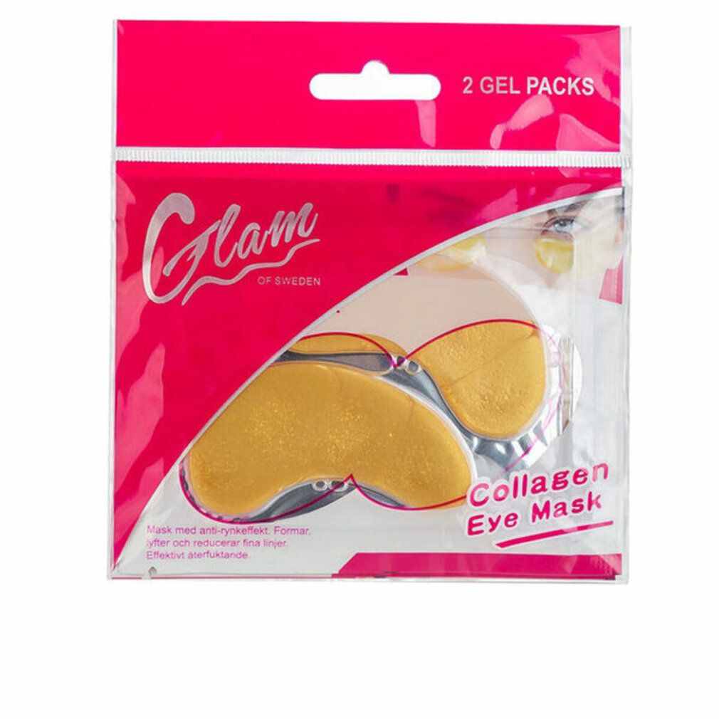 Confezione con due maschere occhi dorate. Scritta: Glam of Sweden, Collagen Eye Mask. Sfondo rosa.