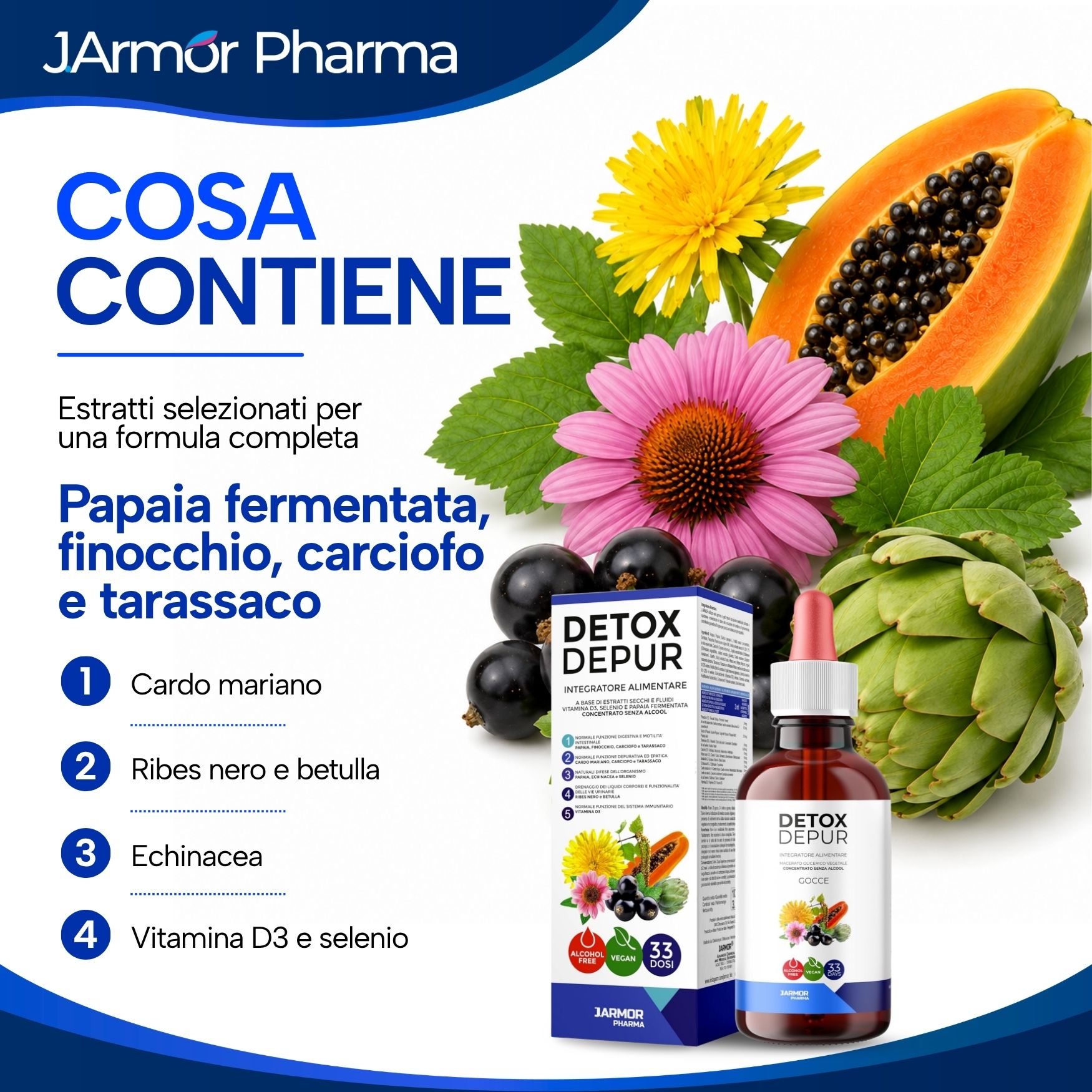 Flacone e scatola di gocce Detox Depur. Ingredienti: papaya, finocchio, carciofo, tarassaco.