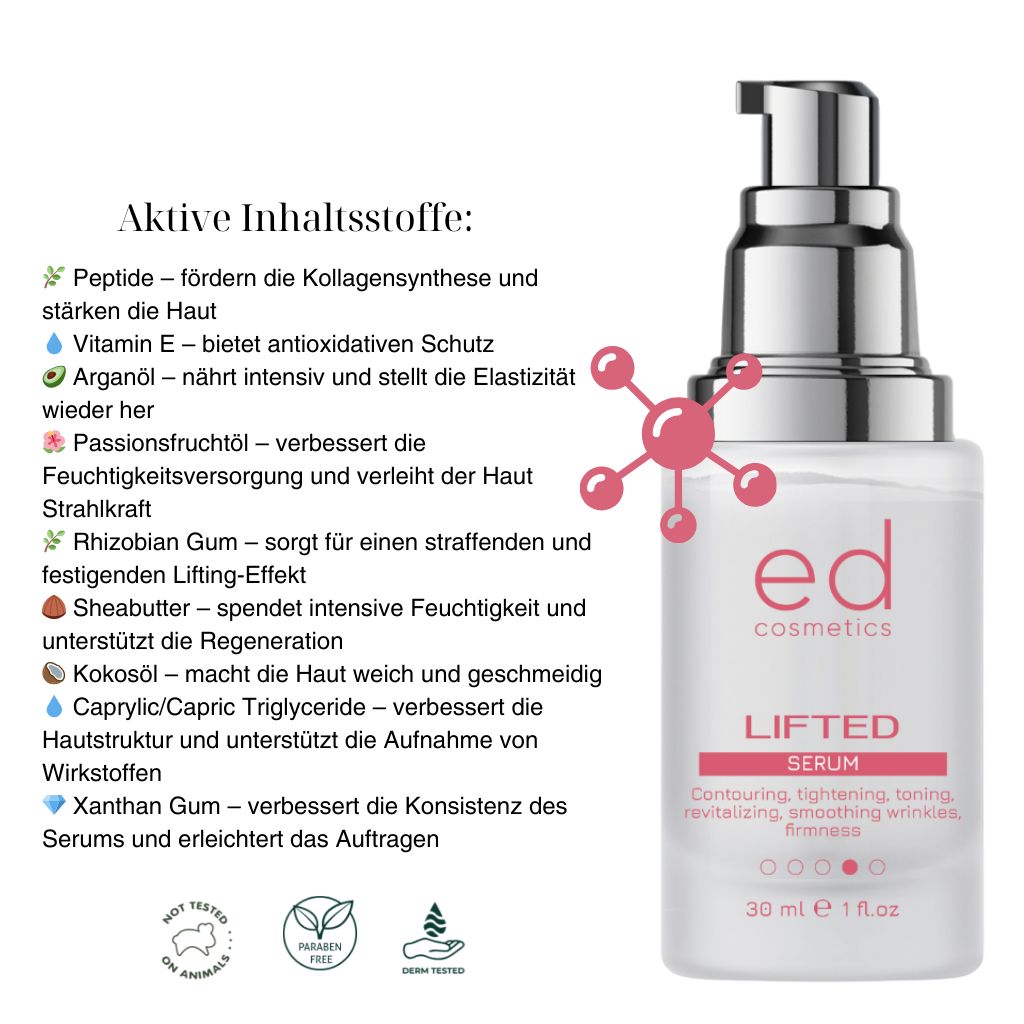 Flacone di siero con pompa. Testo: "ed cosmetics", "LIFTED Serum". Contiene informazioni sugli ingredienti.