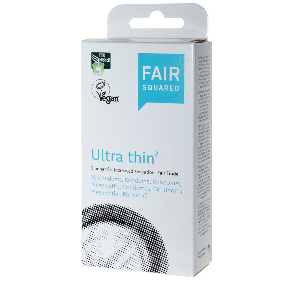 Scatola di preservativi "Fair Squared Ultra thin". Loghi Fair Rubber e Vegan. Confezione con gancio.