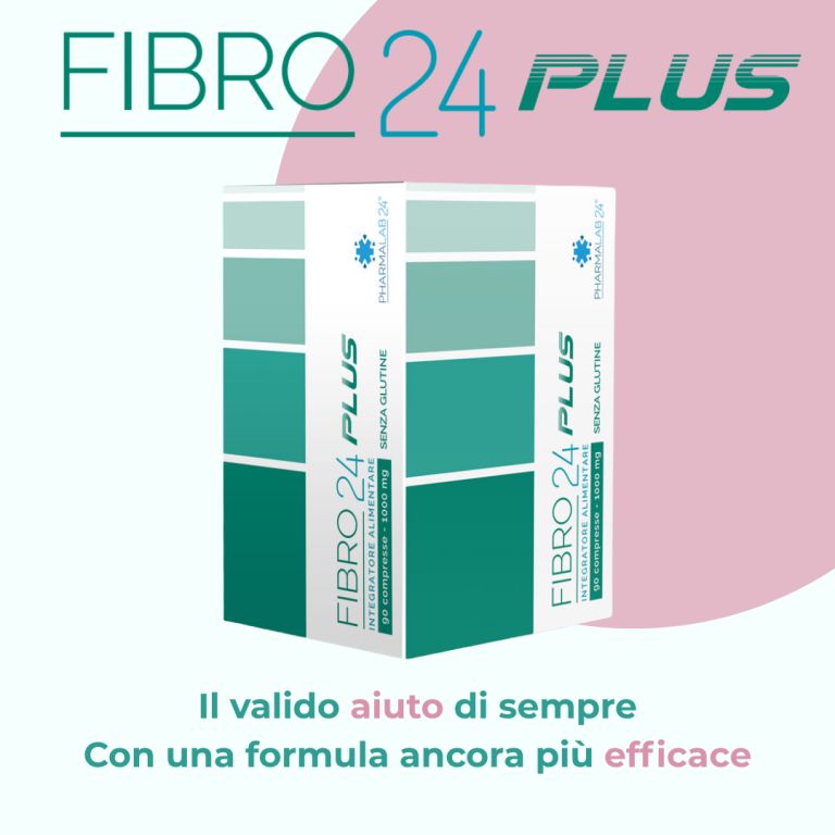 Confezione di FIBRO 24 PLUS. Scatola bianca con strisce verdi e blu. Contiene il nome del prodotto, il logo e il testo 'SENZA GLUTINE'.