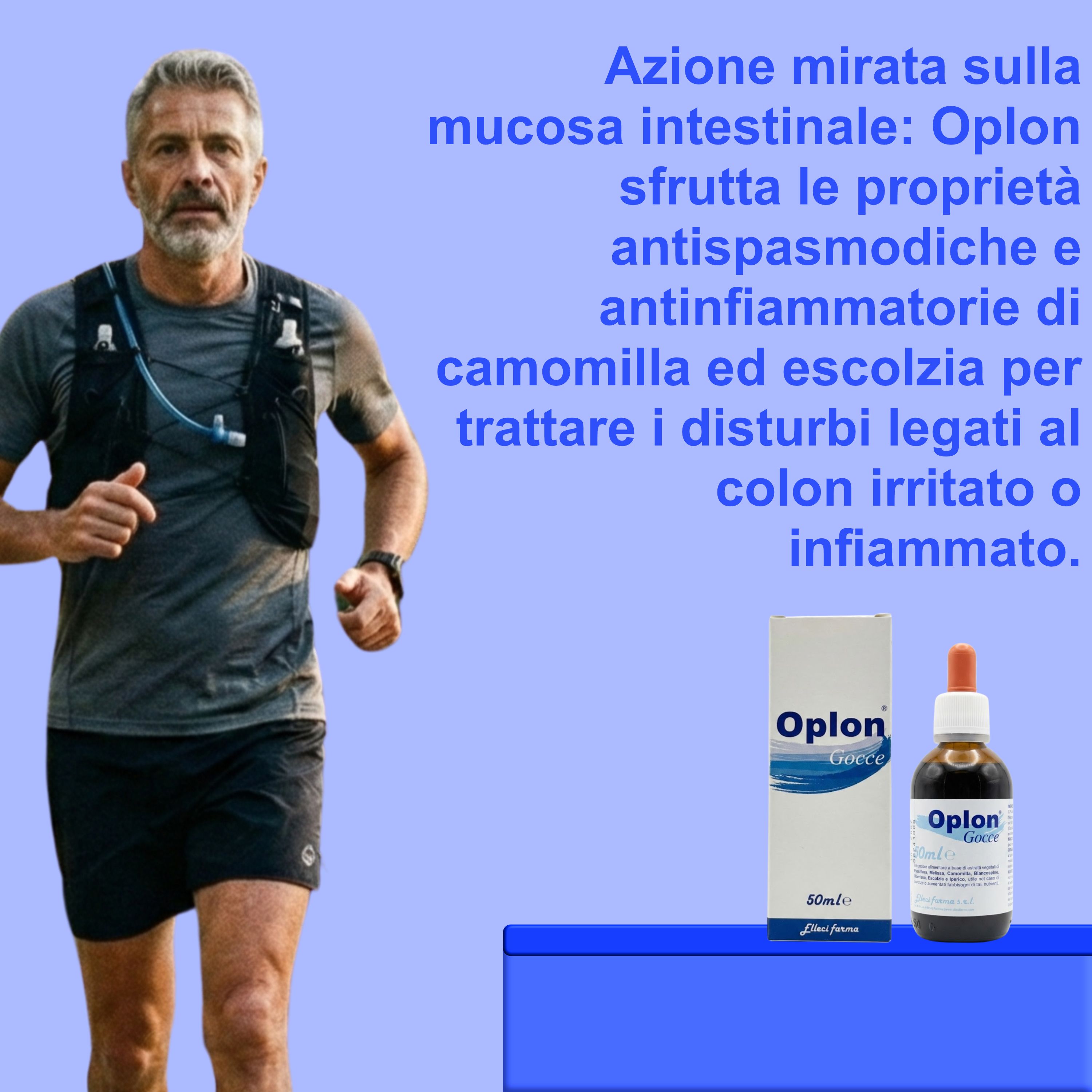 Uomo che corre. Flacone e scatola. Scritta "Oplon Gocce". Flacone con contagocce rosso. Sfondo blu.