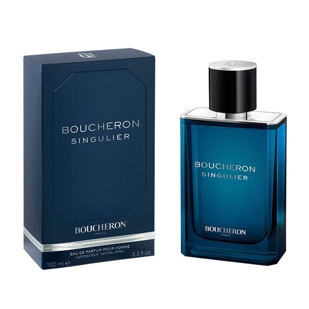 Flacone di profumo blu e scatola. Scritta: Boucheron Singulier. Scatola con informazioni sul prodotto.
