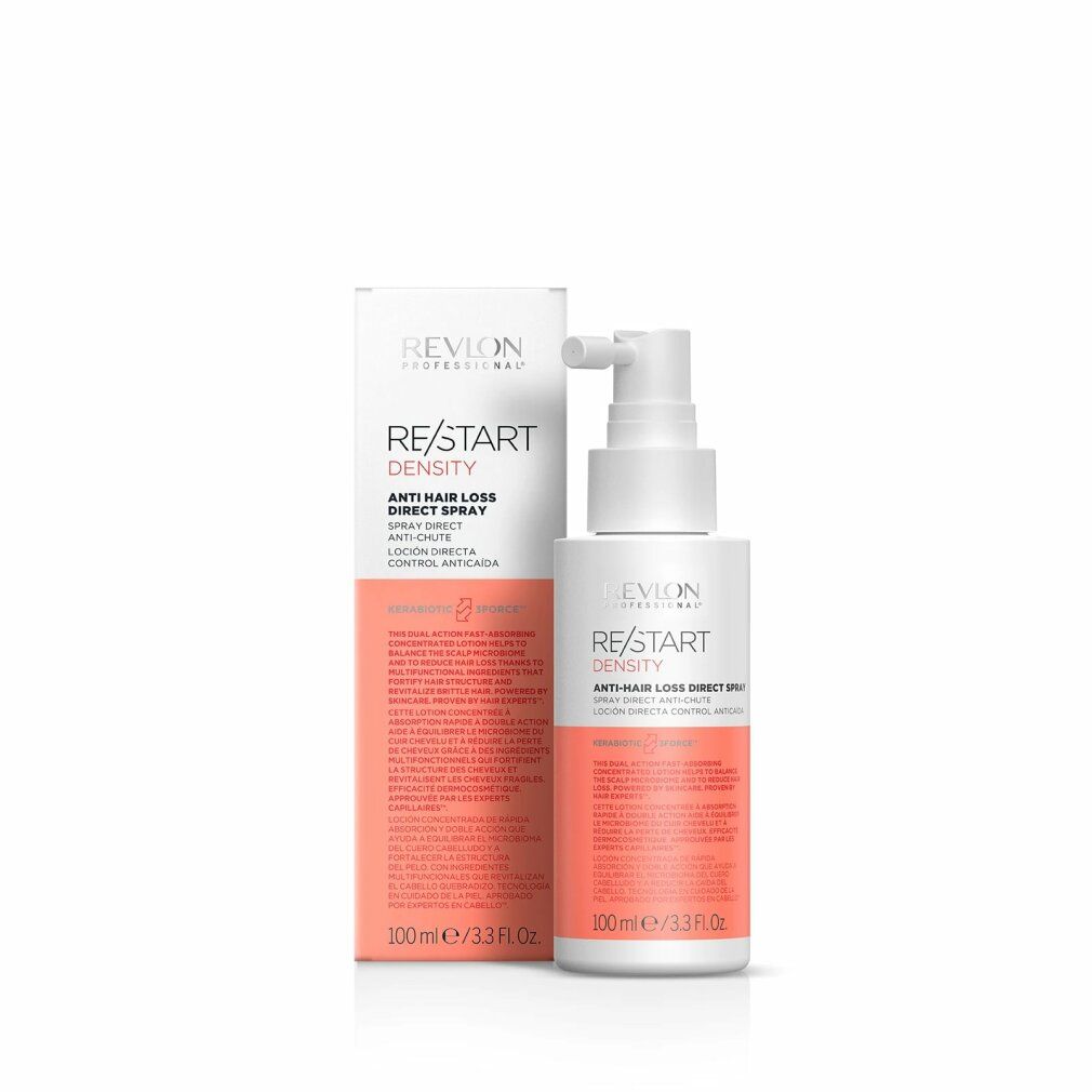 Spray bianco con erogatore e scatola. Scritta: Revlon Professional, Re/Start Density, Anti-Hair Loss Direct Spray. Etichetta rosa.