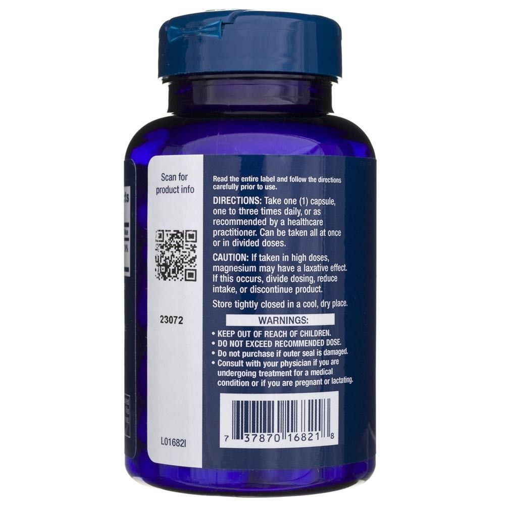 Retro di un flacone blu Life Extension Magnesio (Citrato) 100 mg. Include istruzioni, avvertenze e codice a barre.