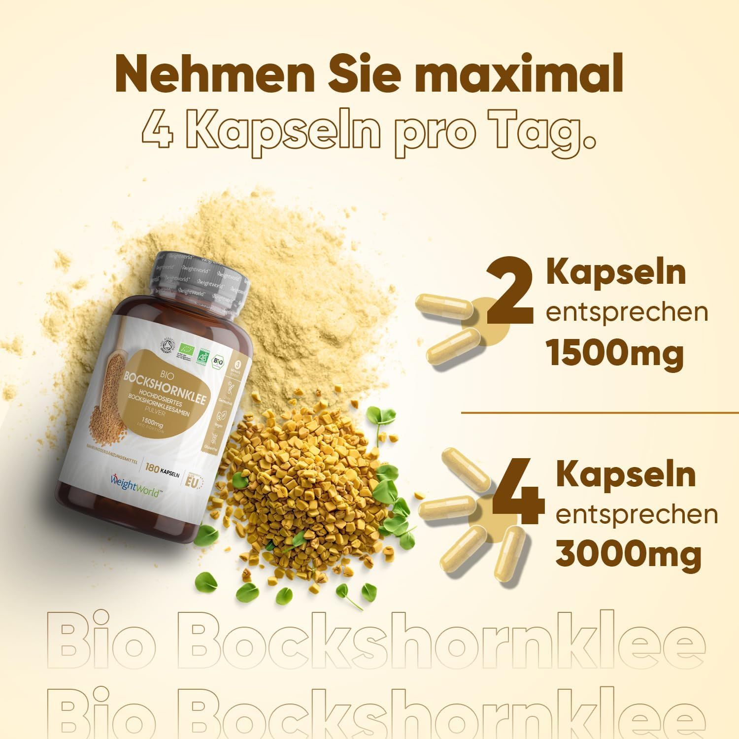 Pubblicità con flacone e capsule. Testo: Assumere massimo 4 capsule al giorno. 2 capsule corrispondono a 1500mg, 4 capsule a 3000mg.