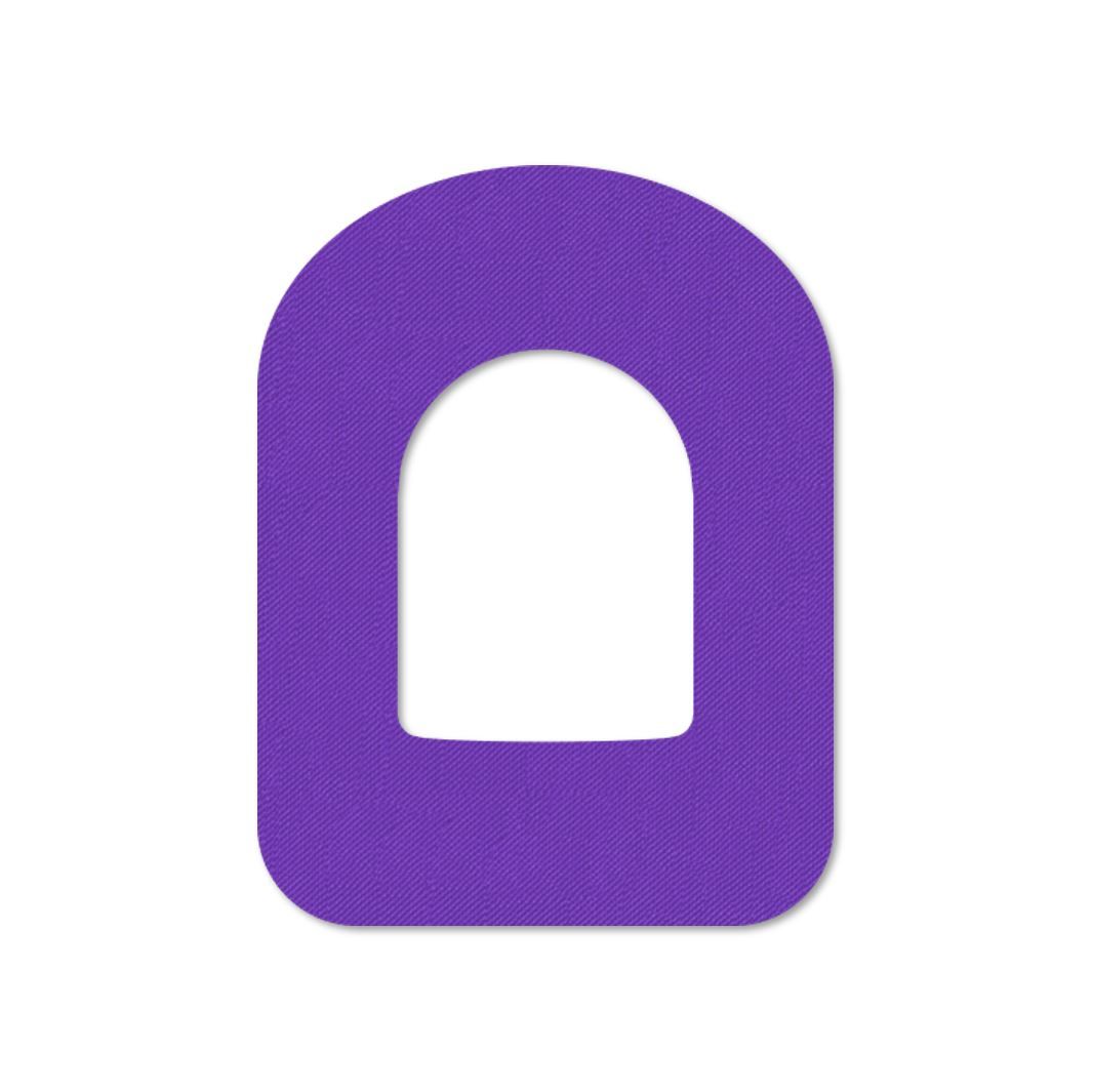 Cerotto adesivo viola, con ritaglio. Forma quadrata con angoli arrotondati e foro rettangolare al centro.