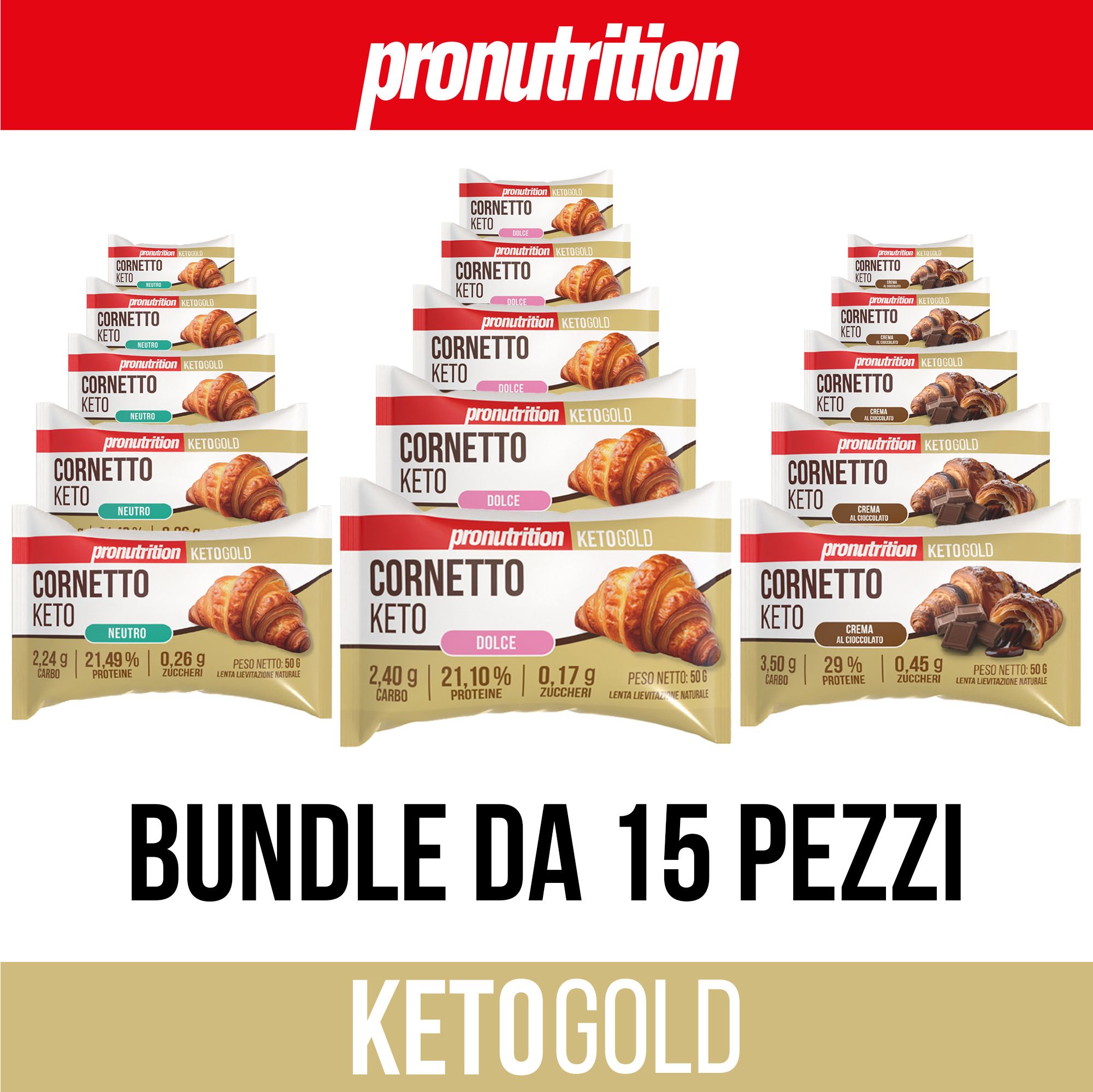 Confezioni Pronutrition Cornetto Keto impilate. Testo: Bundle da 15 pezzi, Ketogold.