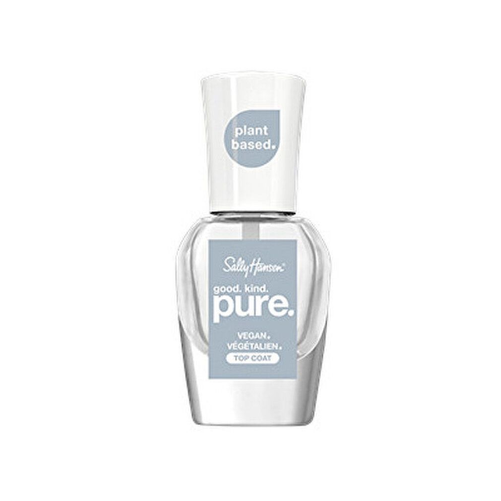 Flacone di smalto trasparente con tappo bianco. Etichetta: "Sally Hansen good. kind. pure. VEGAN. VÉGÉTALIEN. TOP COAT".
