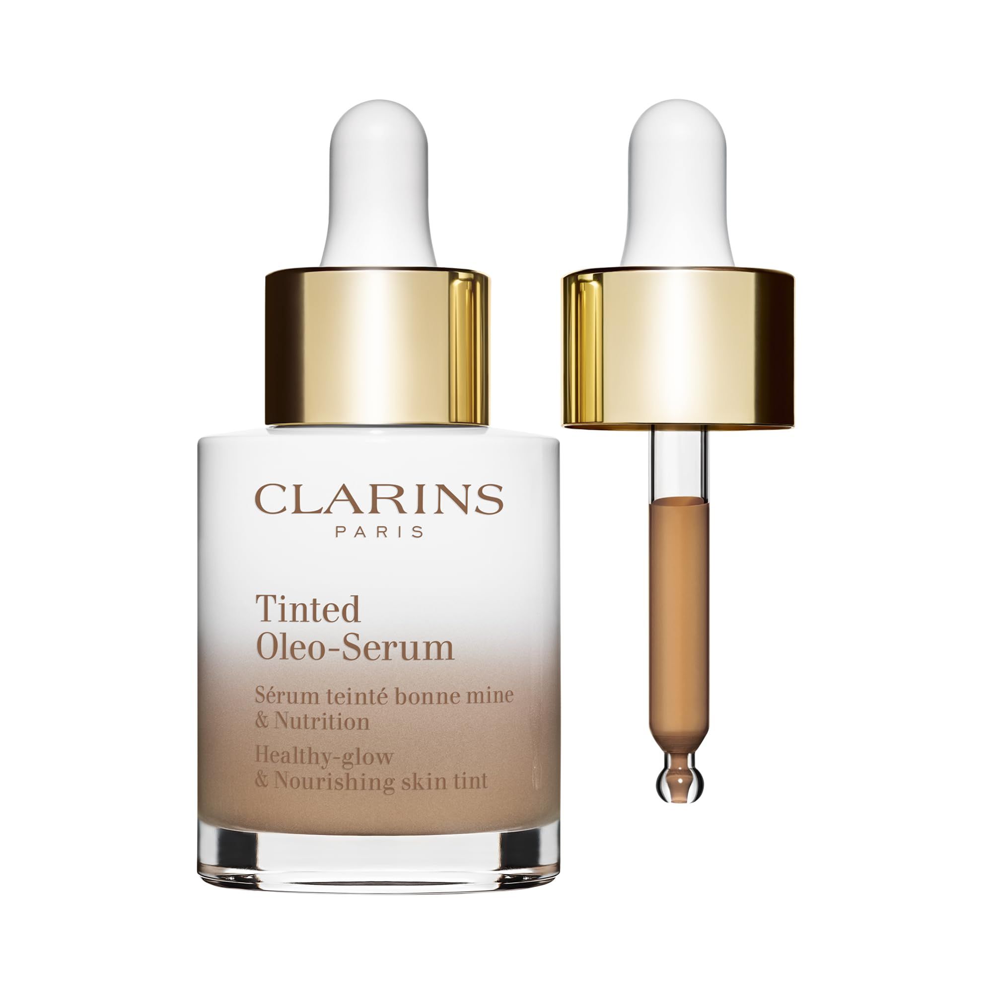 Flacone Clarins Tinted Oleo-Serum con contagocce. Flacone e contagocce con siero. Tappo dorato, vetro bianco, siero marrone.