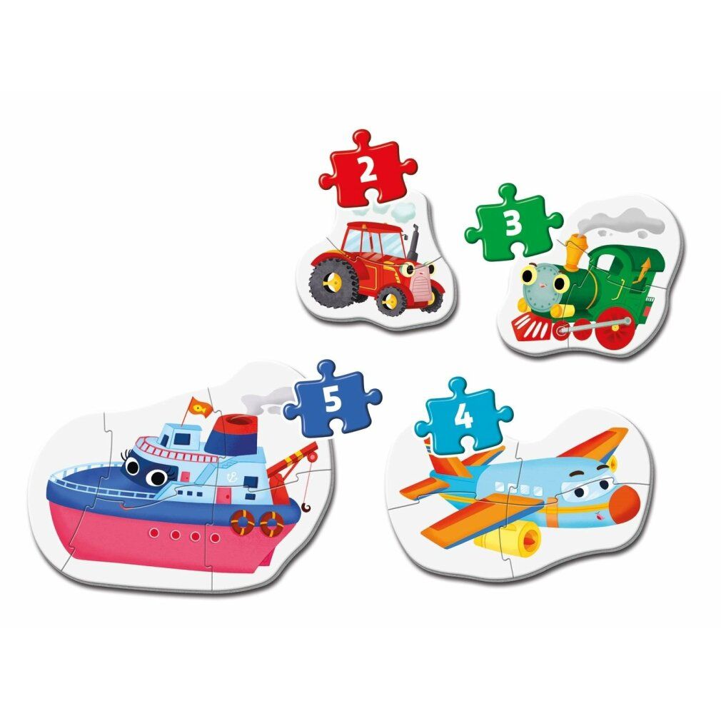 Puzzle con veicoli: treno, aereo, nave e trattore. Pezzi di puzzle con numeri.