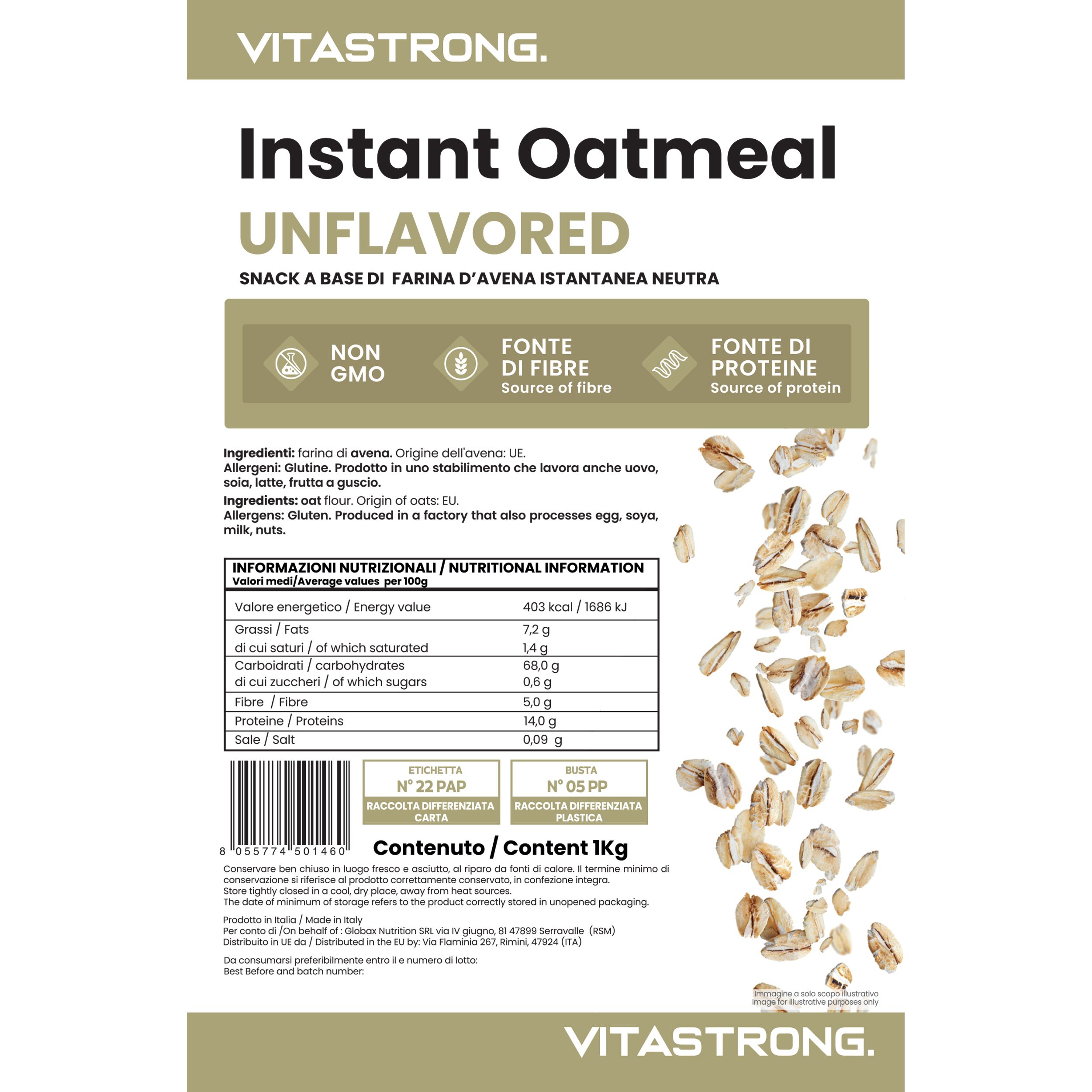 Vitastrong Instant Oatmeal, senza sapore. Informazioni nutrizionali e lista ingredienti. Immagine di fiocchi d'avena.
