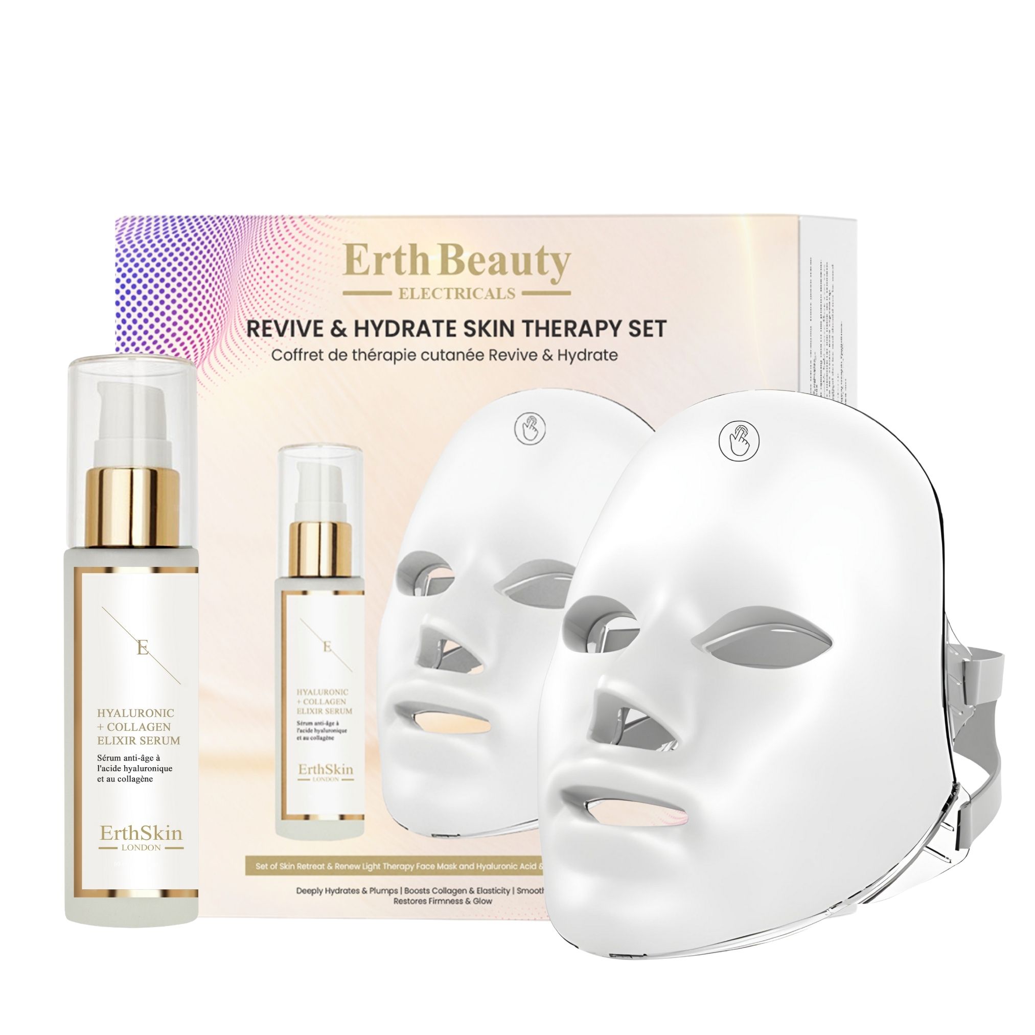 Set regalo con due maschere LED, due flaconi di siero e confezione. Scritta: ErthSkin London. Revive & Hydrate Skin Therapy Set.