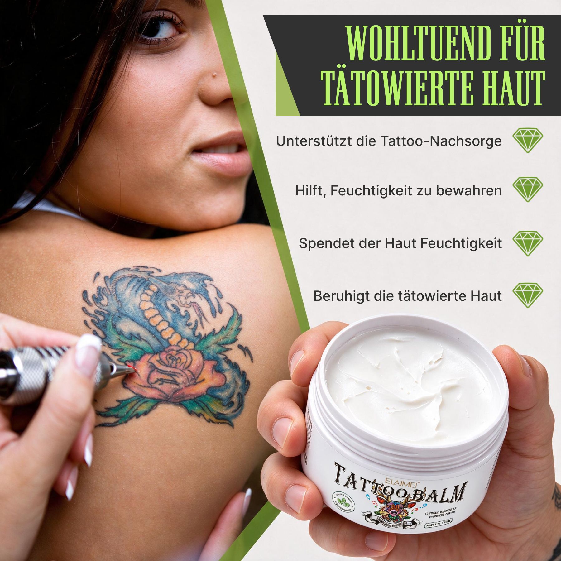 ELAIMEI Tattoo Balm per pelle tatuata, supporta il post-cura e l'idratazione.