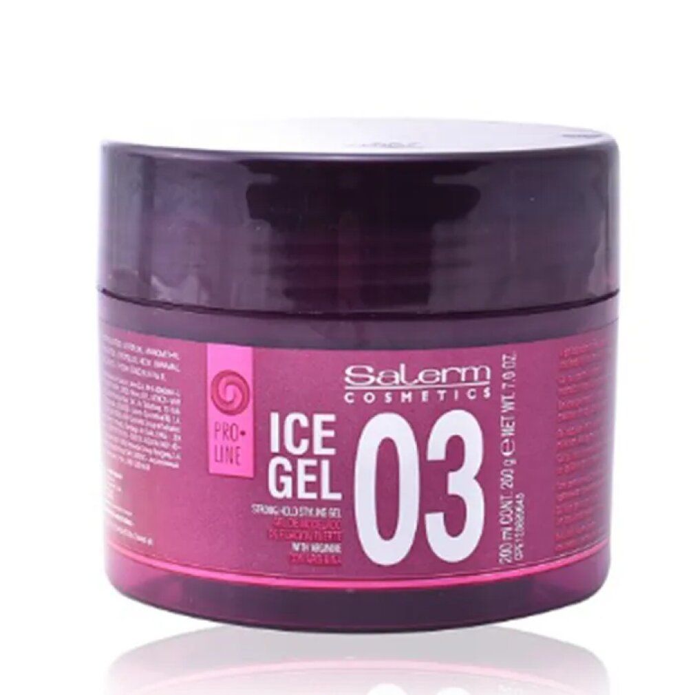 Barattolo rotondo con etichetta rosa. Scritta: Salerm Cosmetics Ice Gel 03. Contiene 200 ml. Logo Pro-Line.