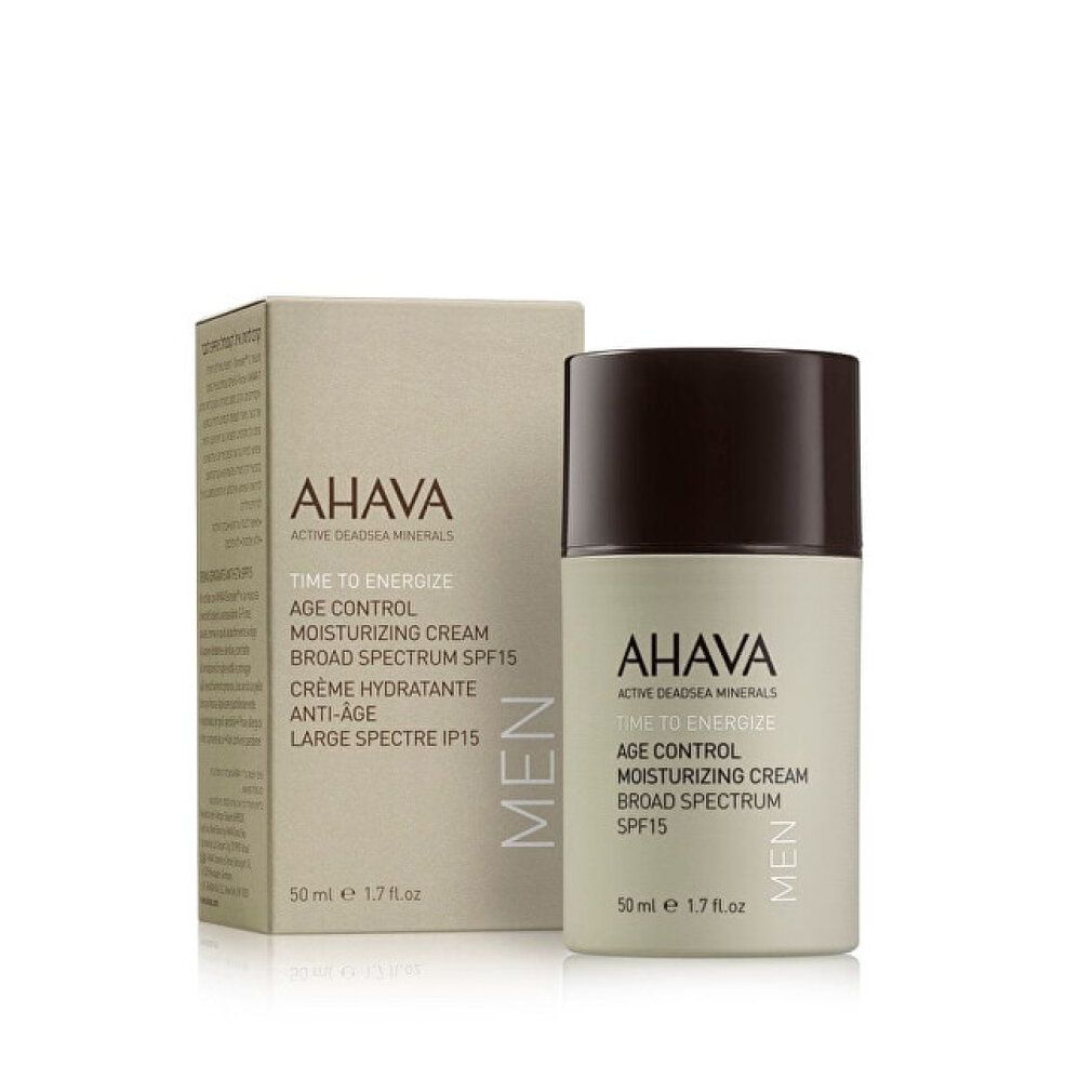 Flacone di crema e confezione. Logo AHAVA e indicazioni del prodotto. Testo: TIME TO ENERGIZE, AGE CONTROL, SPF15. Crema per uomo.