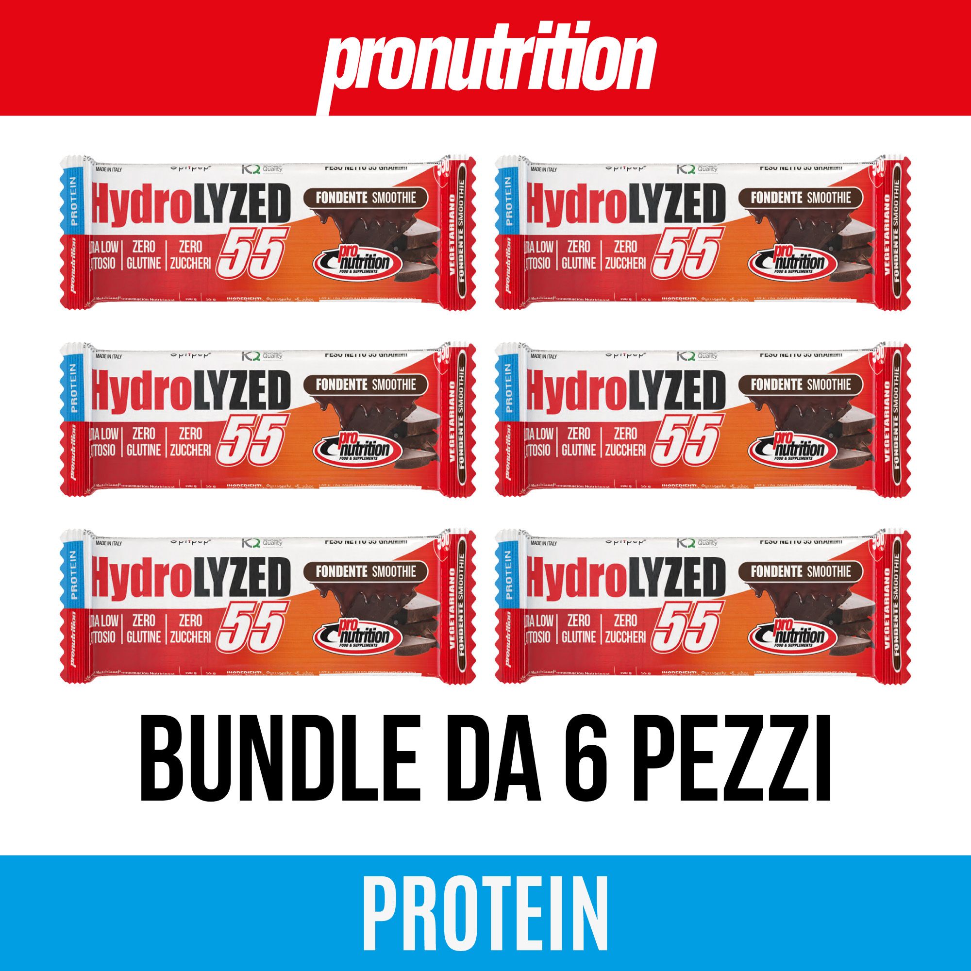 Sei barrette proteiche, confezione rossa e bianca. Scritta: HydroLYZED 55, Zero Zuccheri, senza glutine. Marchio: Pronutrition. Testo: Bundle da 6 pezzi.
