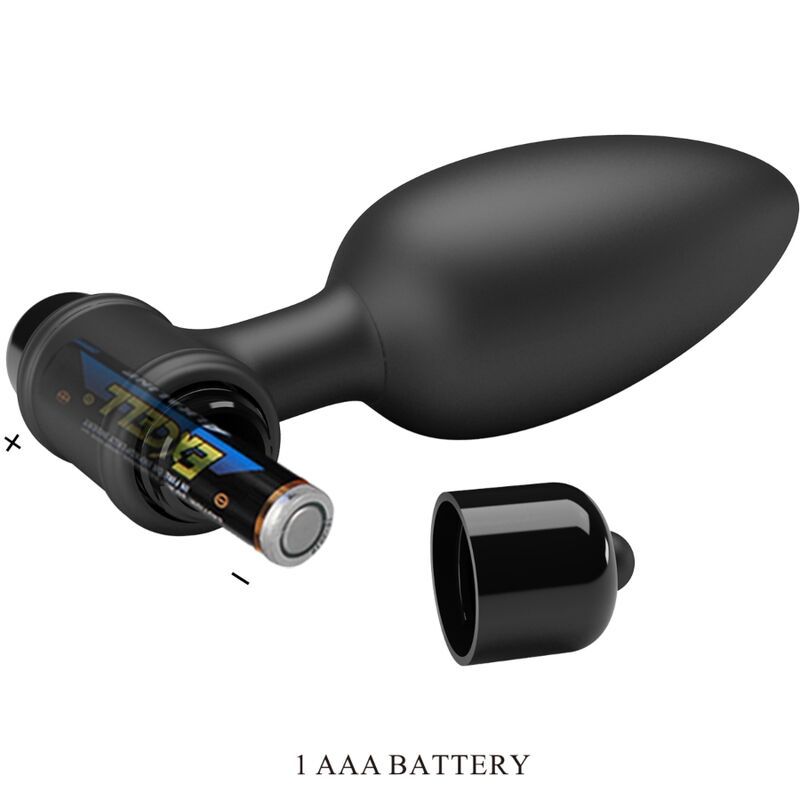 Tappo anale nero con batteria AAA nel vano e coperchio rimosso.