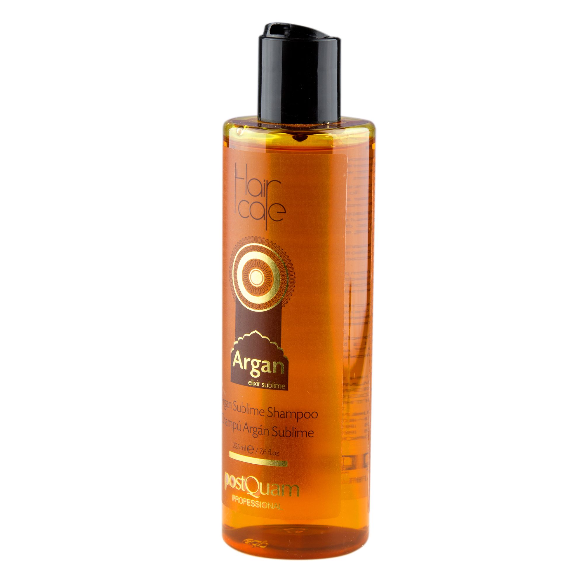 Flacone di shampoo all'olio di argan. Liquido marrone, tappo nero. Scritte: Hair care, Argan Sublime, postQuam.