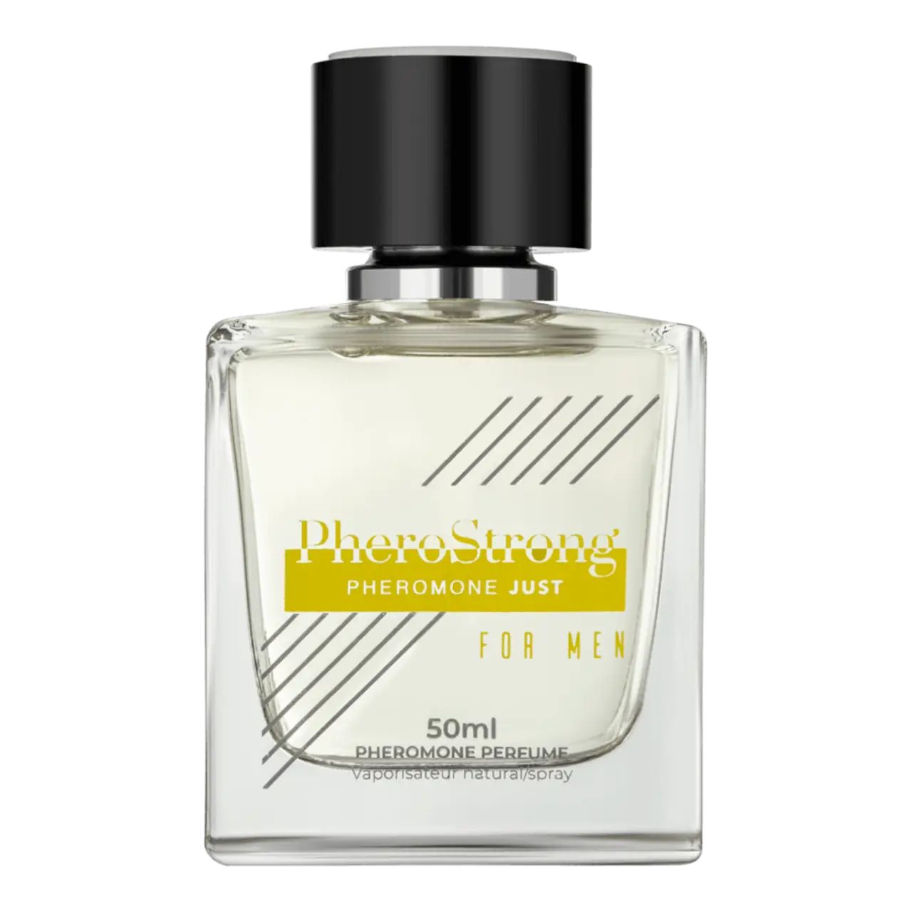 Flacone di profumo con tappo nero ed etichetta gialla. Testo sull'etichetta. Linee diagonali sul vetro del flacone.