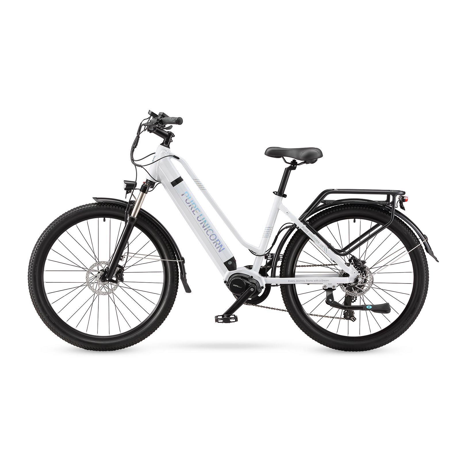 E-bike bianca con pneumatici neri. Scritta: PURE UNICORN. Portapacchi posteriore.