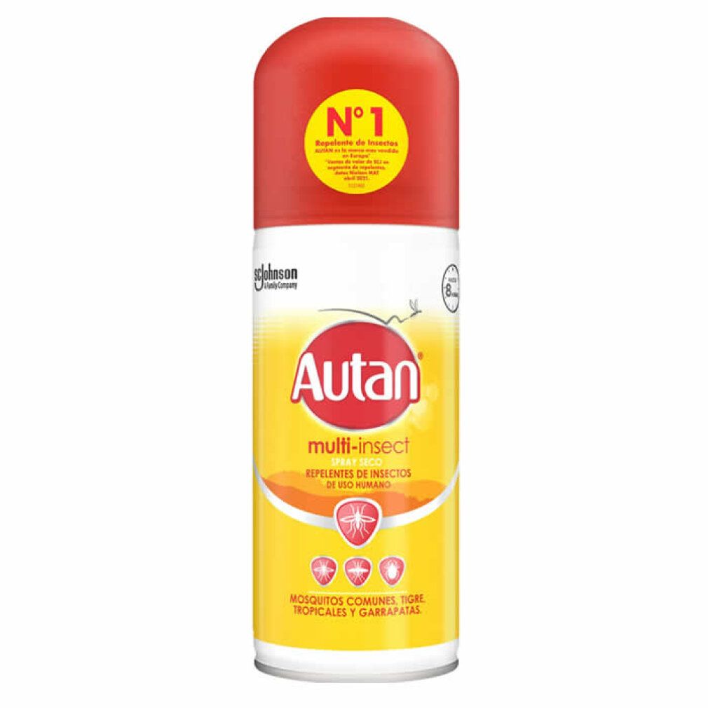 Spray Autan Multi Insect. Barattolo giallo con coperchio rosso. Contiene testo e logo.