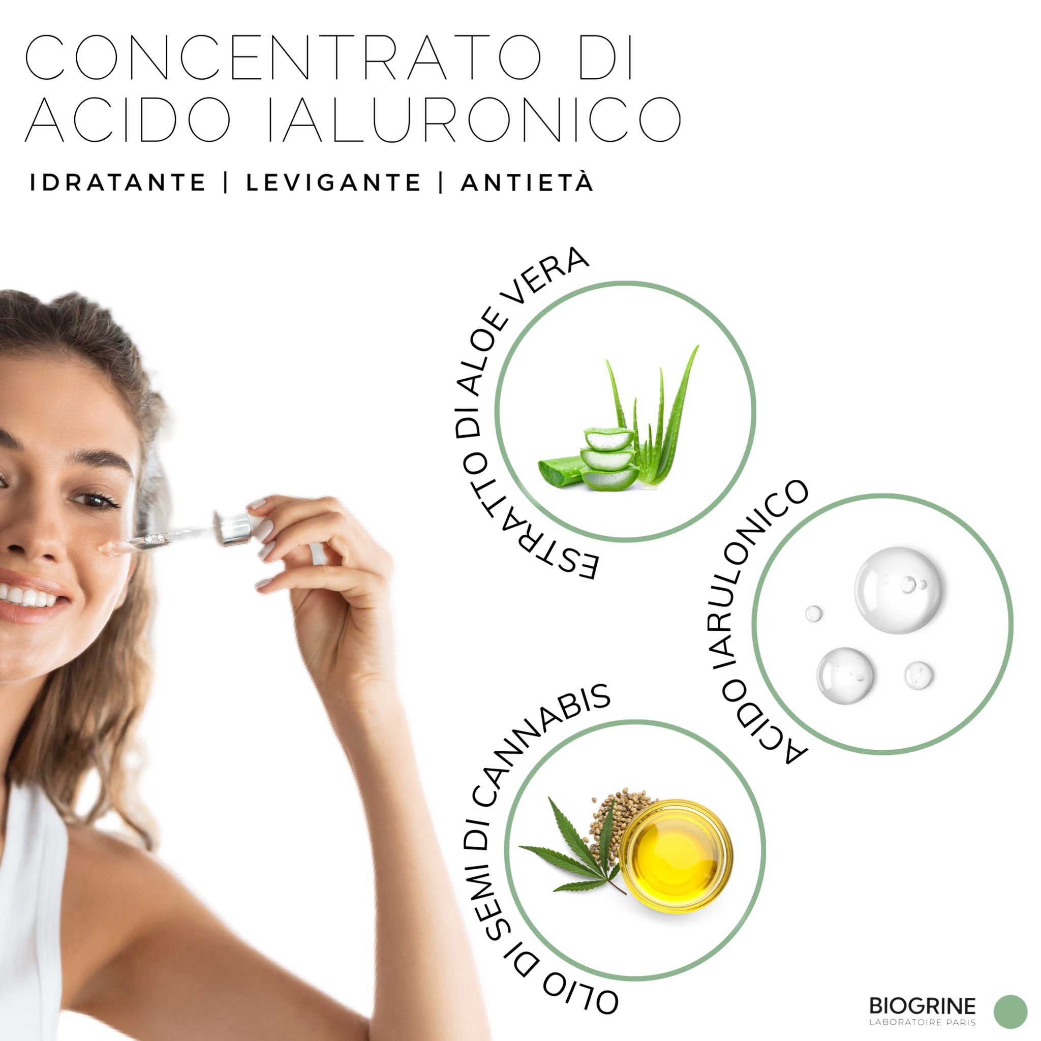 BIOGRINE Siero intenso – Rigenerante e antiossidante con CBD, Acido Ialuronico e tè verde