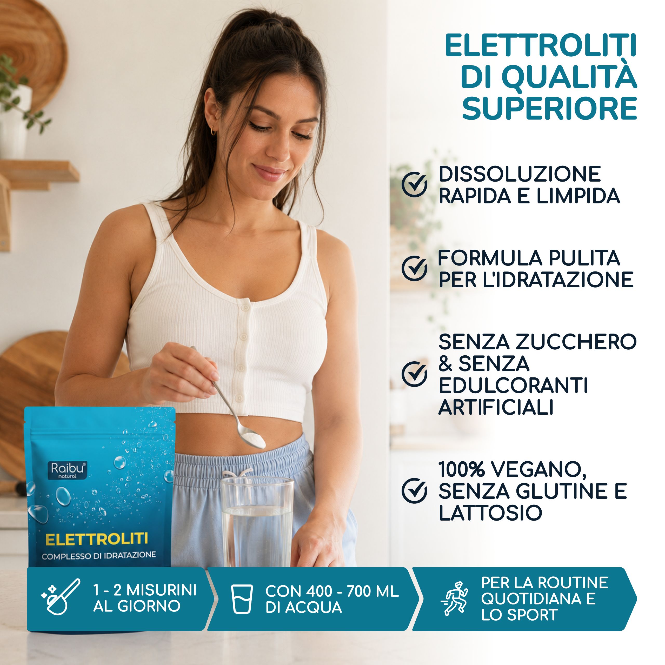 Donna prepara bevanda elettrolitica, busta e bicchiere, vegan, senza glutine, senza lattosio.