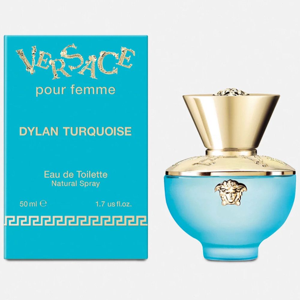 Flacone turchese con tappo dorato e confezione. Scritta: Versace Dylan Turquoise.
