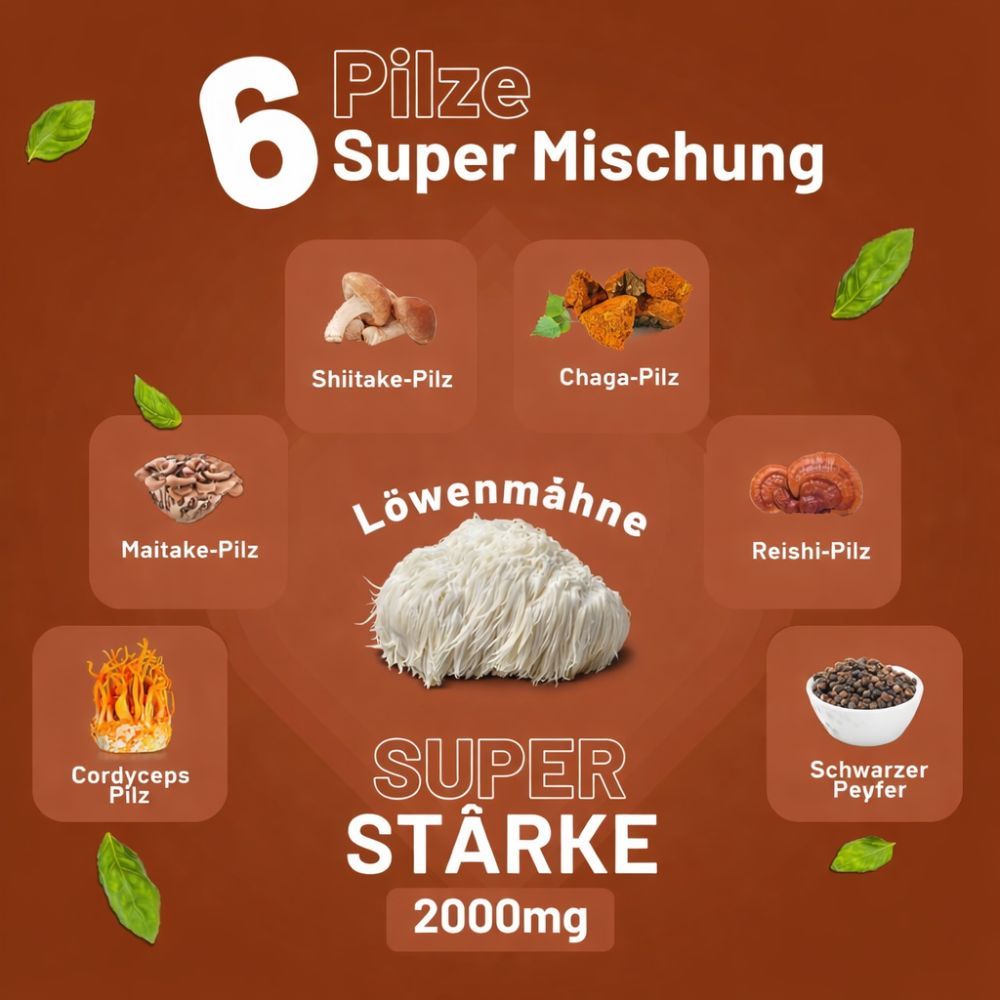 Grafico con 6 tipi di funghi: Shiitake, Chaga, Maitake, Reishi, Cordyceps, pepe nero. Testo: Super Forza 2000mg.