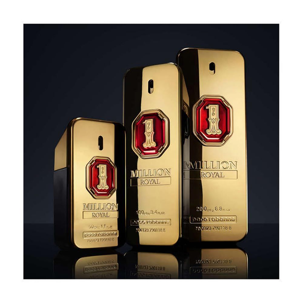 Tre flaconi dorati. '1 Million Royal' in diverse dimensioni. Accento rosso.