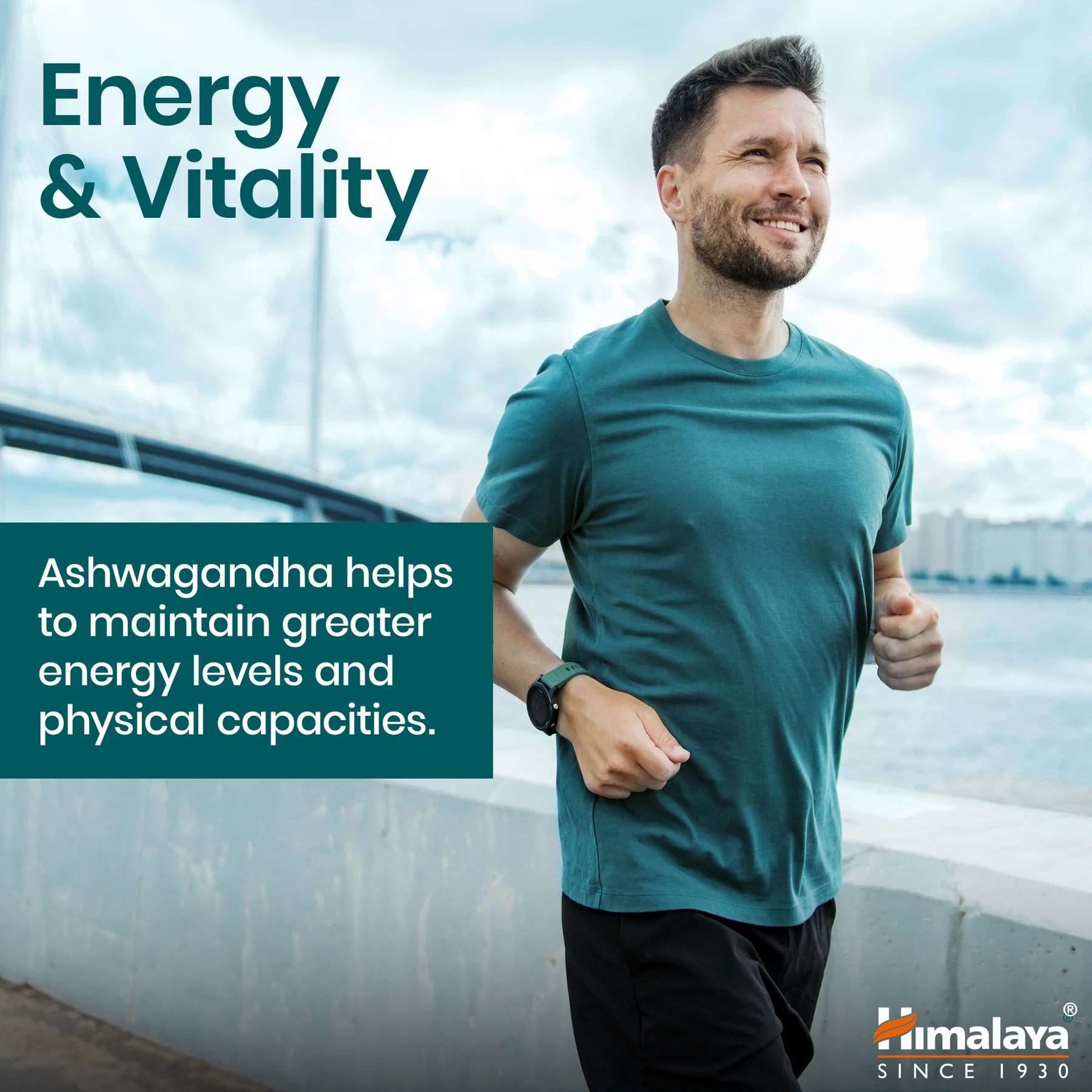 Uomo che corre. Testo: Energia & Vitalità, logo Himalaya.