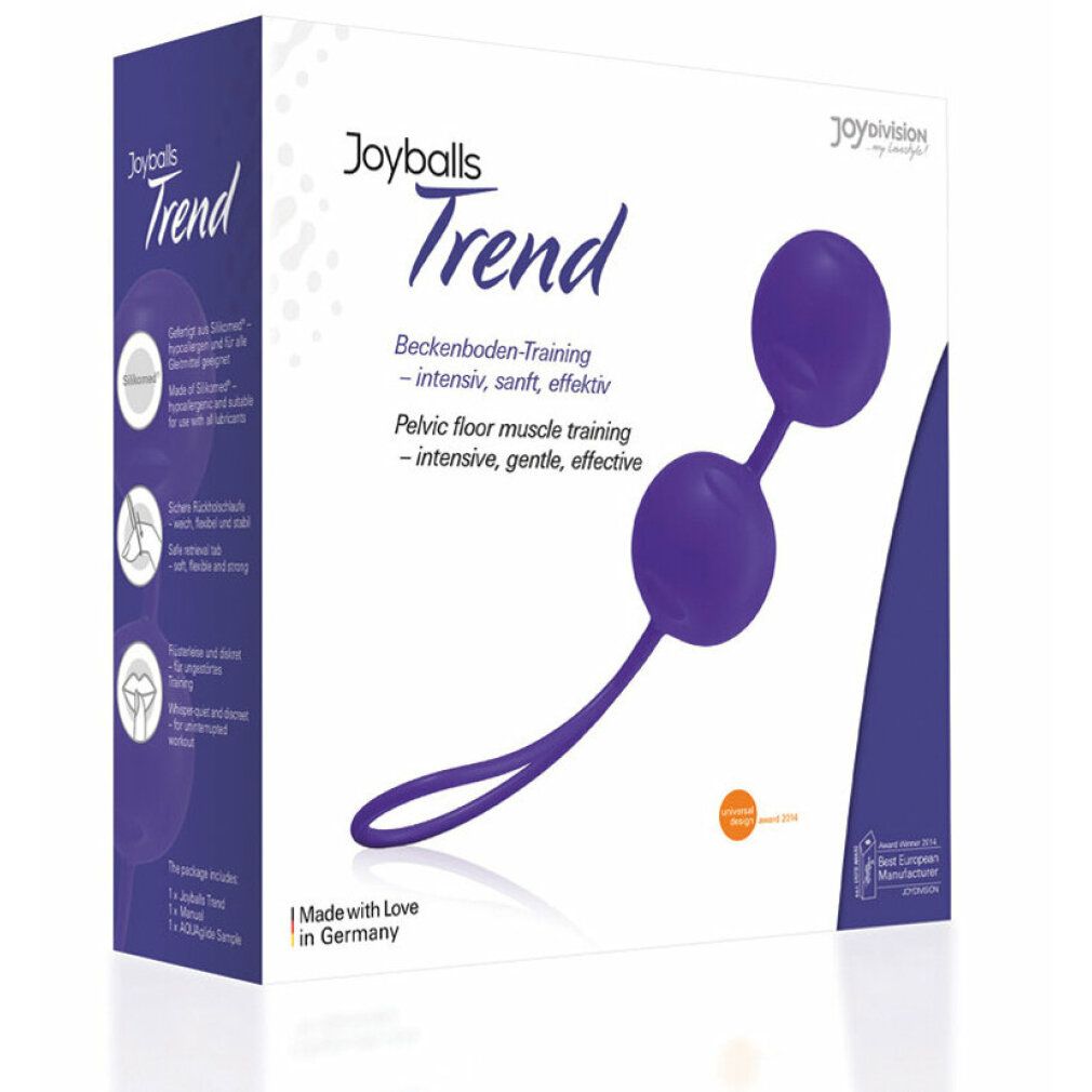 Joyballs® Trend viola in confezione. Due sfere con connettore e anello. Scritta: Allenamento del pavimento pelvico.