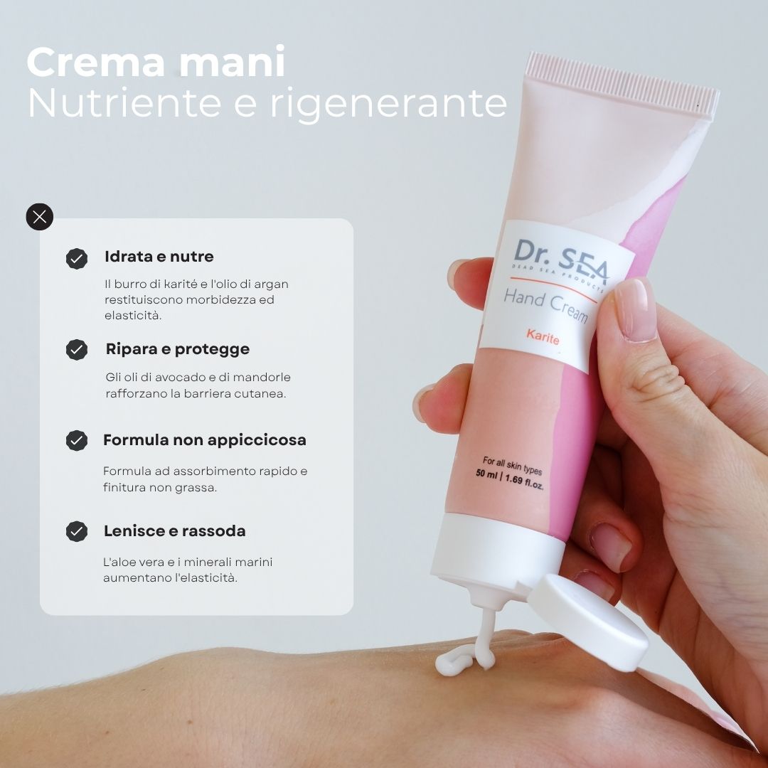 Tubo di crema mani rosa e bianco. Testo e illustrazioni. La crema mani viene applicata sulla pelle.