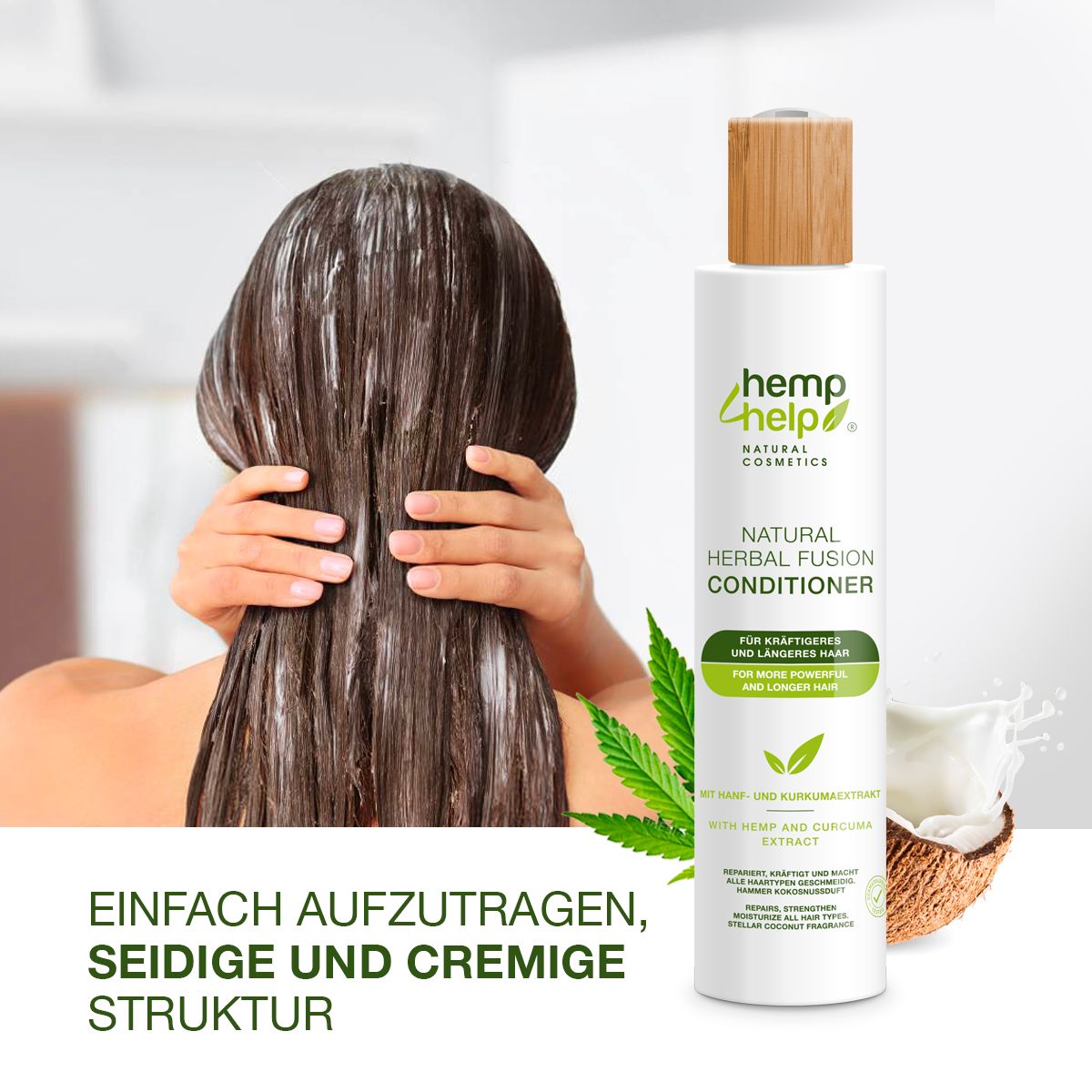 Persona con balsamo nei capelli. Flacone di balsamo accanto. Testo: Facile da applicare, struttura setosa e cremosa.