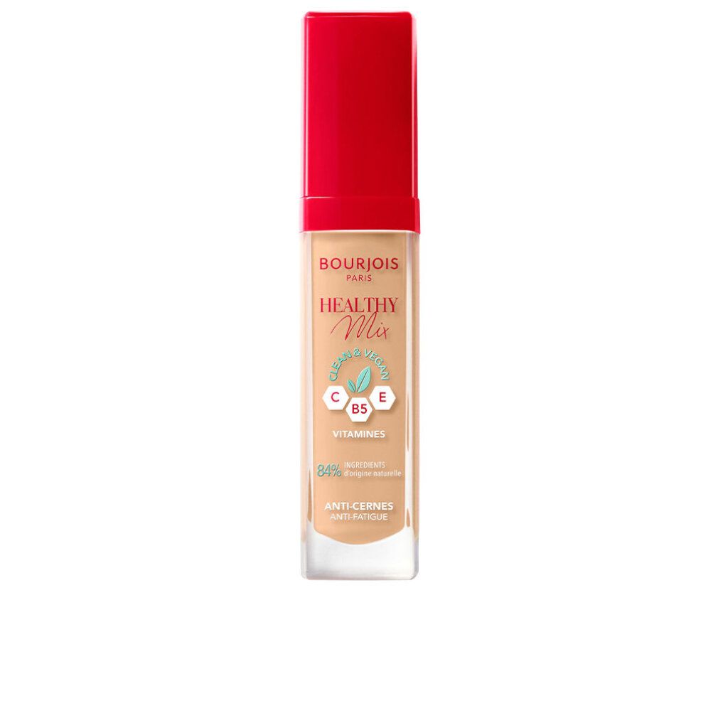 Correttore liquido con tappo rosso. Scritta: Bourjois, Healthy Mix, Vitamine C, E, B5. 84% ingredienti naturali. Anti-occhiaie.