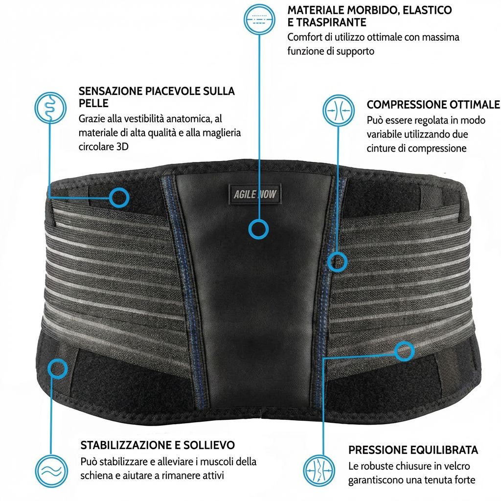 Cintura di supporto lombare nera con velcro ed elastici. Testo: AGILE NOW.