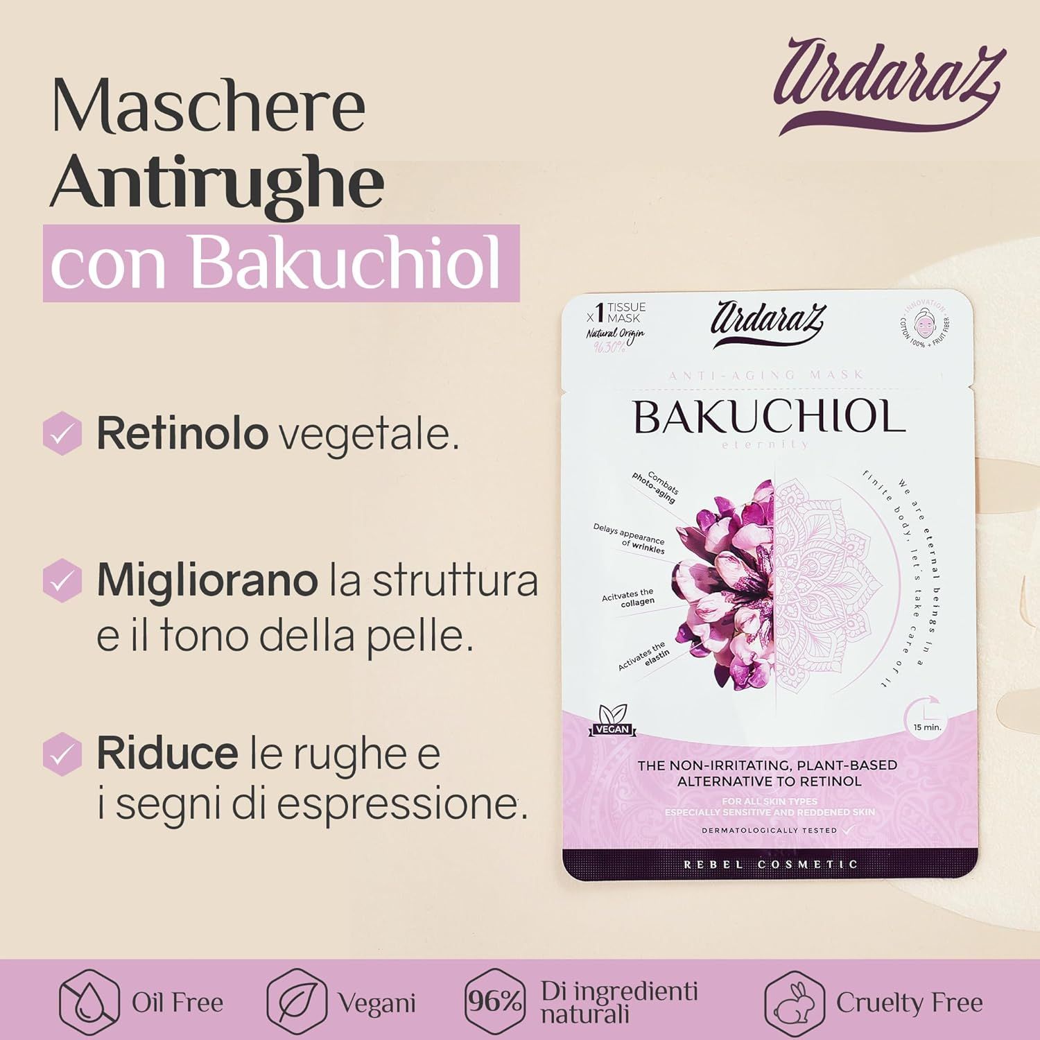 Maschera viso con bakuchiol. Testo: Retinolo vegetale, migliora la struttura della pelle, riduce le rughe. Loghi: Senza olio, Vegan, 96% ingredienti naturali.