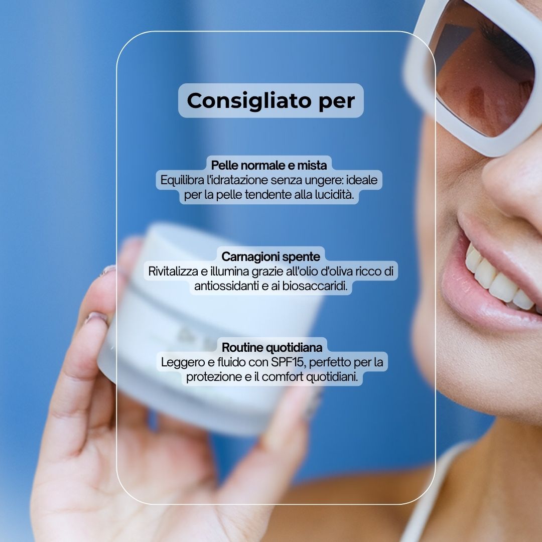 Donna con occhiali da sole tiene in mano un prodotto. Testo: Consigliato per: Pelle normale e mista, Carnagioni spente, Routine quotidiana.