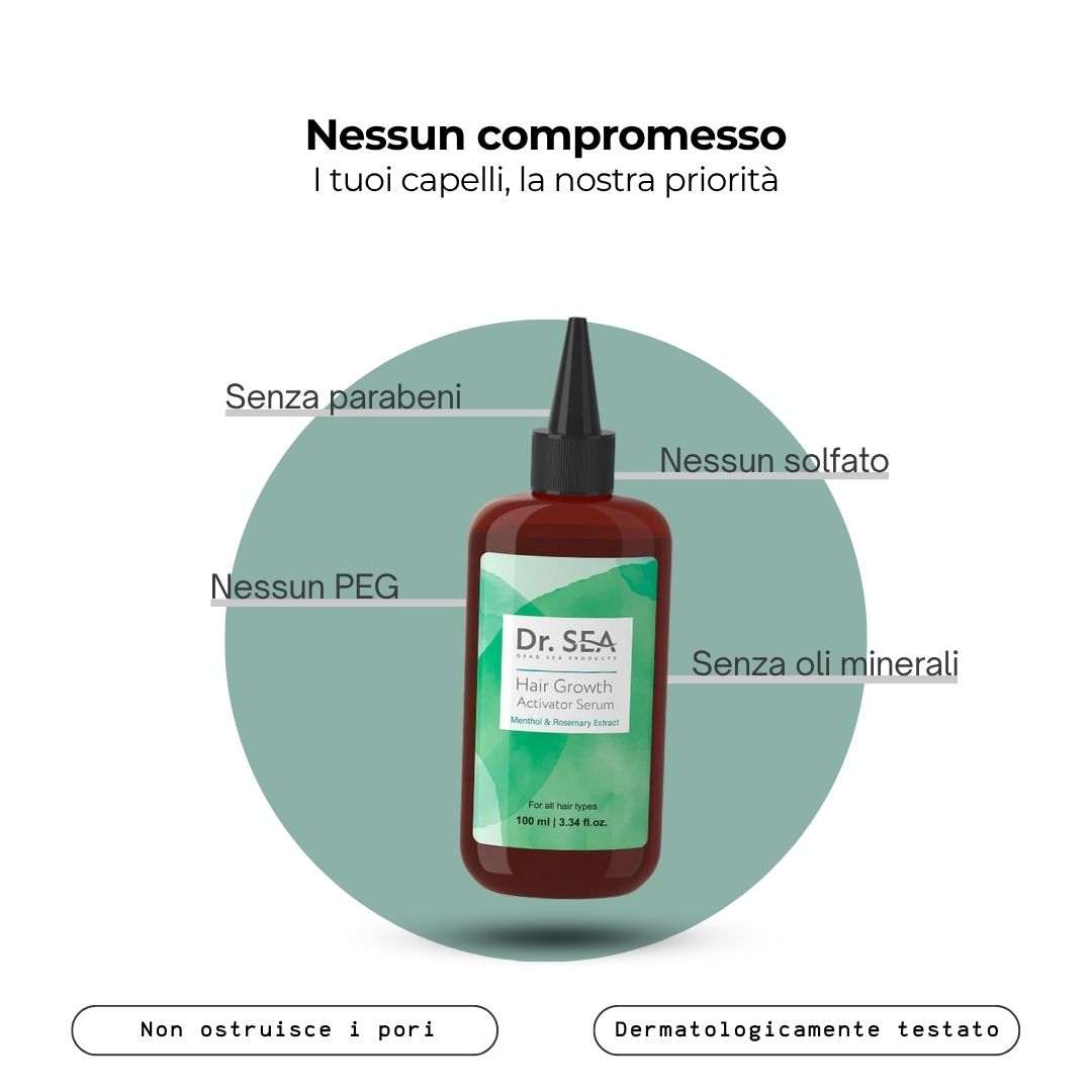 Flacone con testo. Testo: Senza parabeni, solfati, PEG, oli minerali. Dermatologicamente testato. Non ostruisce i pori.